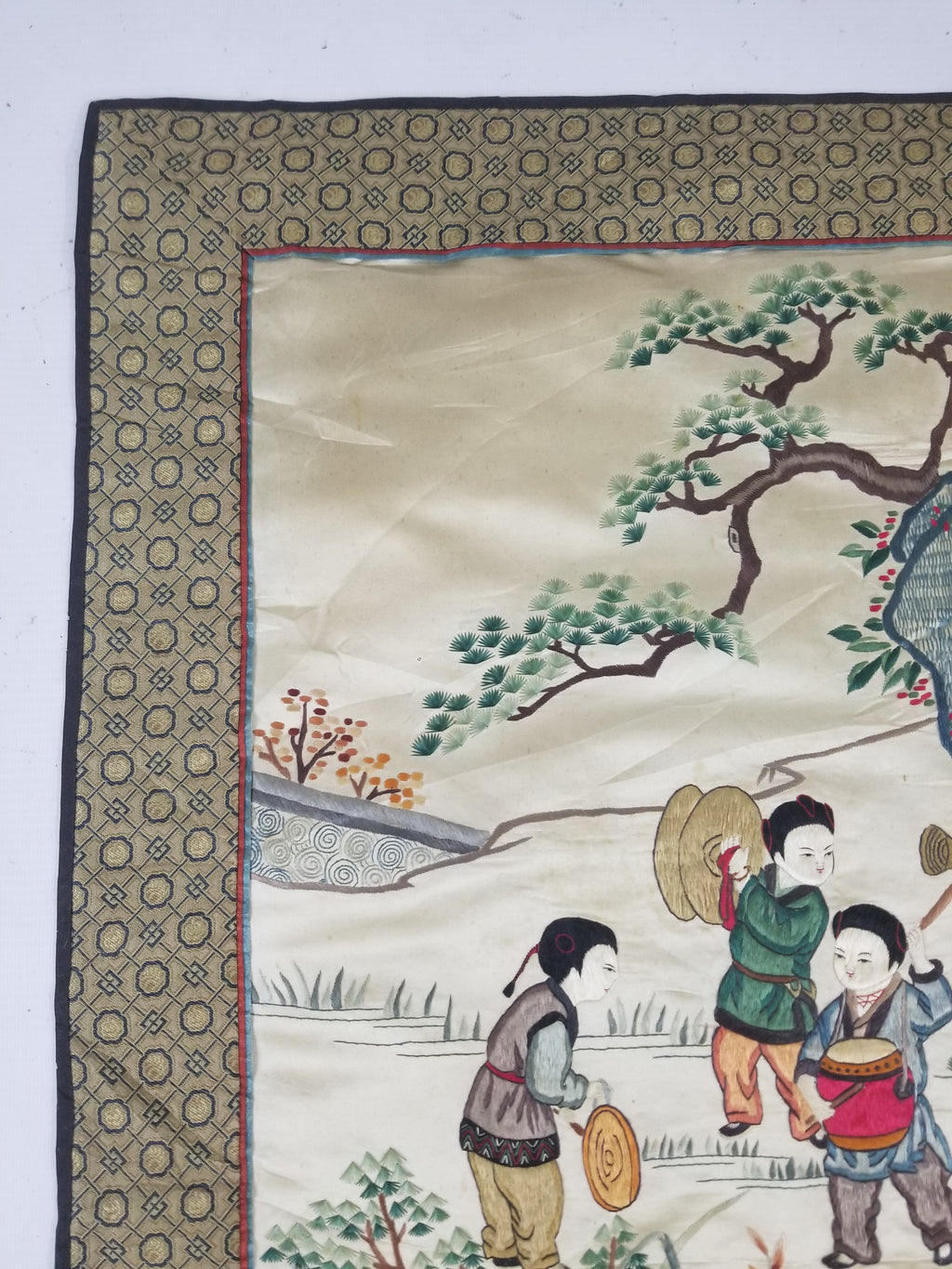Vintage Chinese Silk Embroidered Children Playing Scene Tapestry 66x50cm