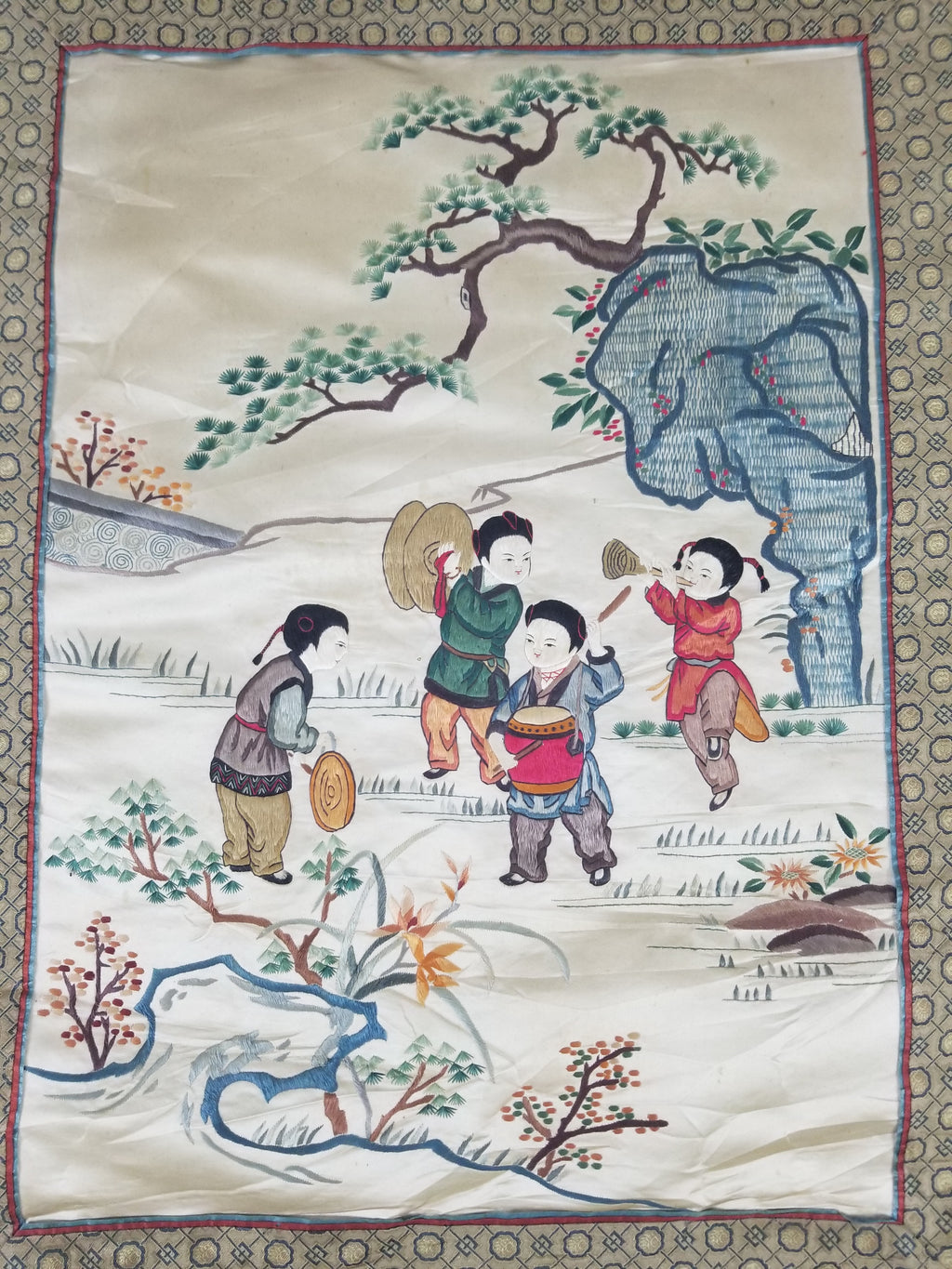 Vintage Chinese Silk Embroidered Children Playing Scene Tapestry 66x50cm