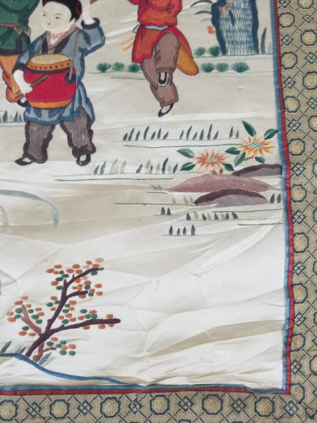 Vintage Chinese Silk Embroidered Children Playing Scene Tapestry 66x50cm
