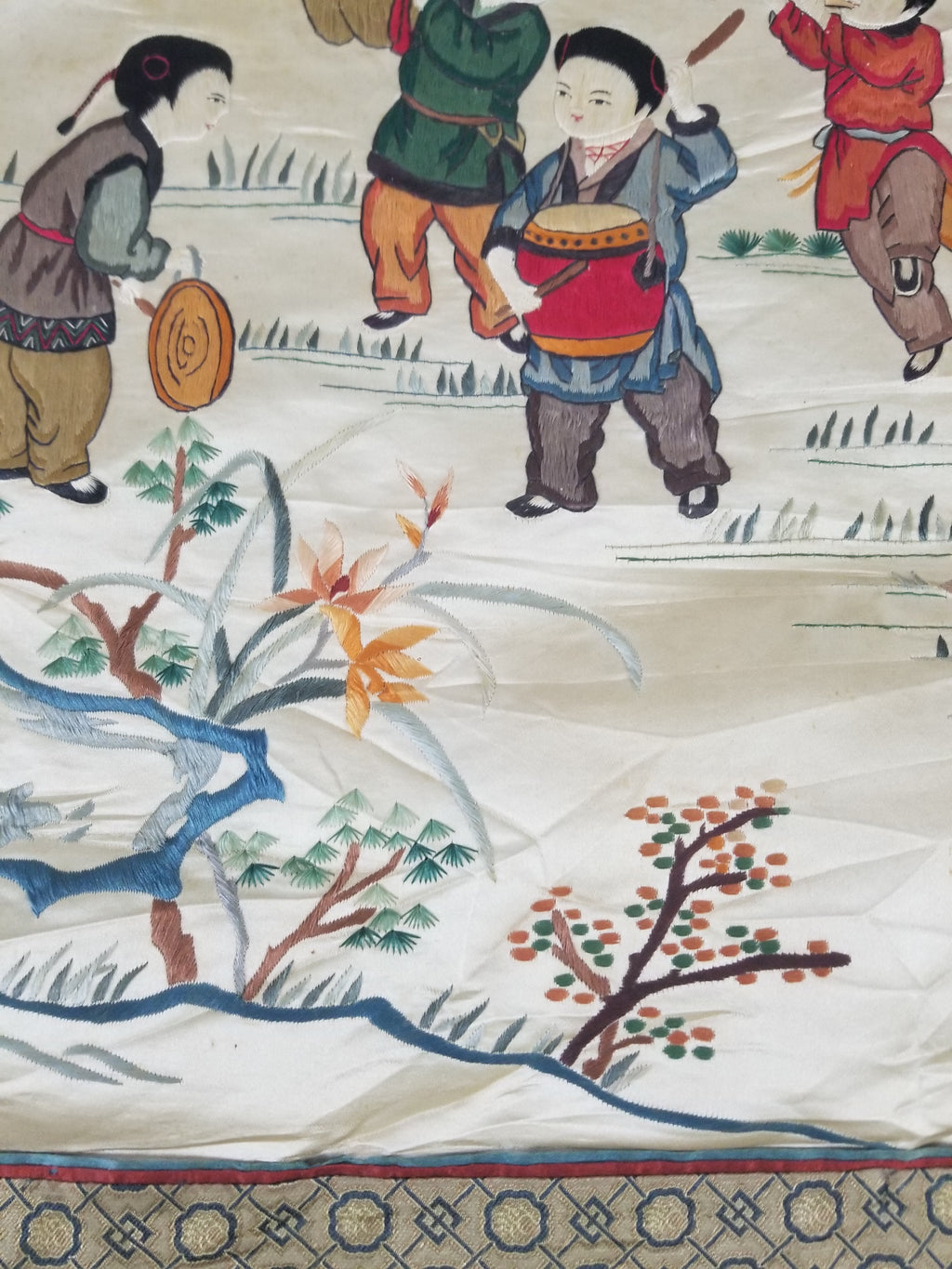 Vintage Chinese Silk Embroidered Children Playing Scene Tapestry 66x50cm