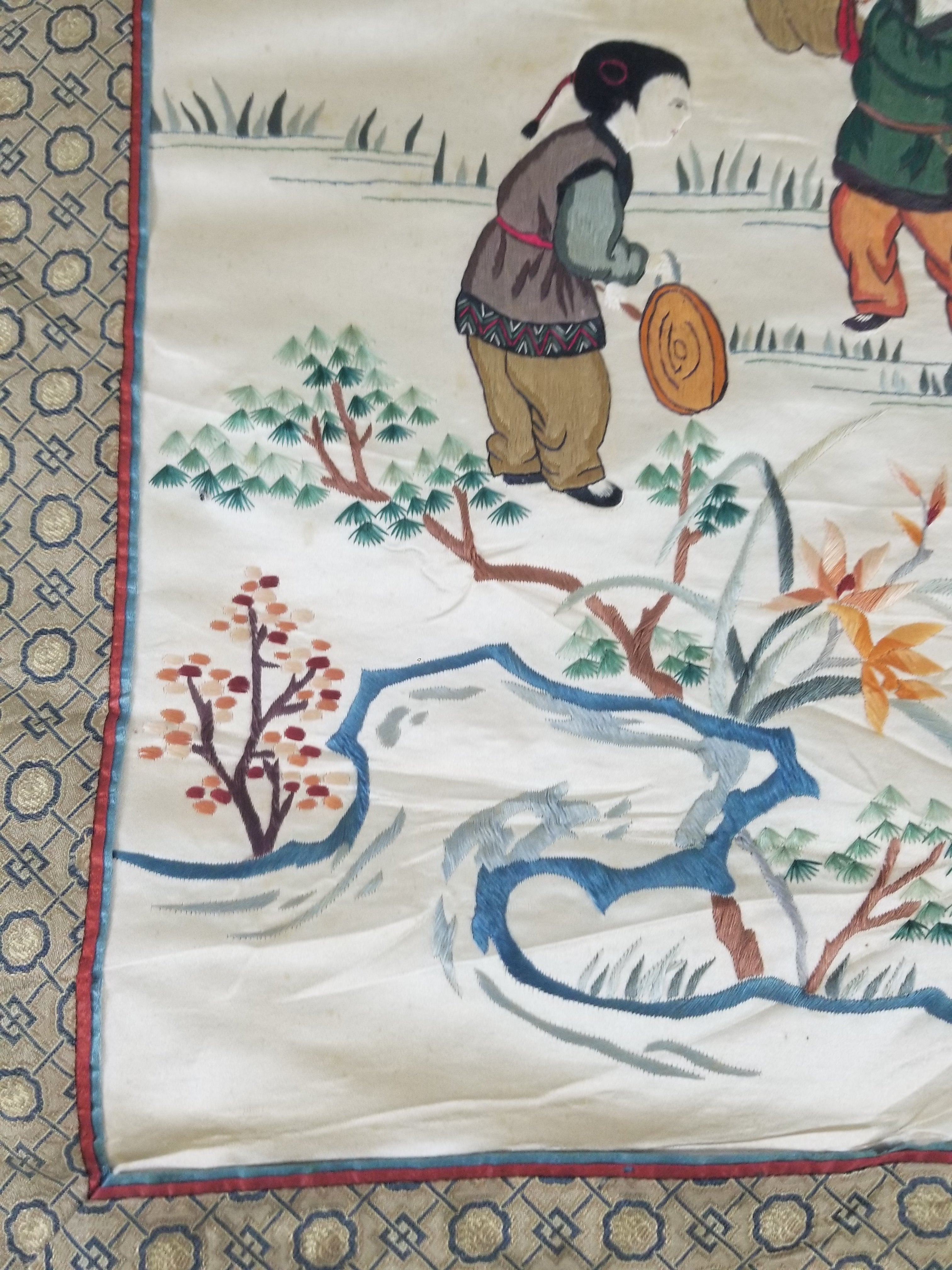 Vintage Chinese Silk Embroidered Children Playing Scene Tapestry 66x50cm