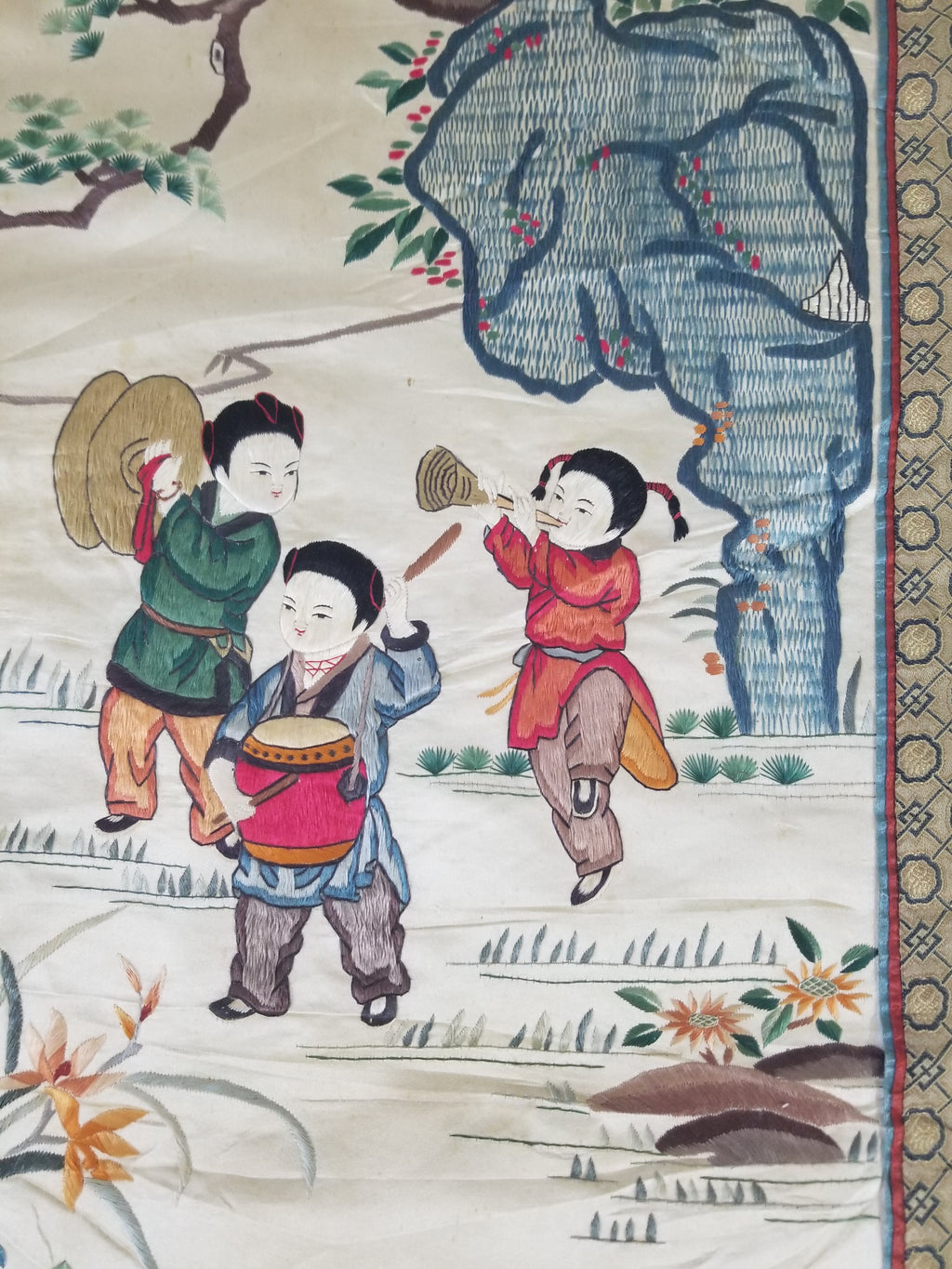 Vintage Chinese Silk Embroidered Children Playing Scene Tapestry 66x50cm