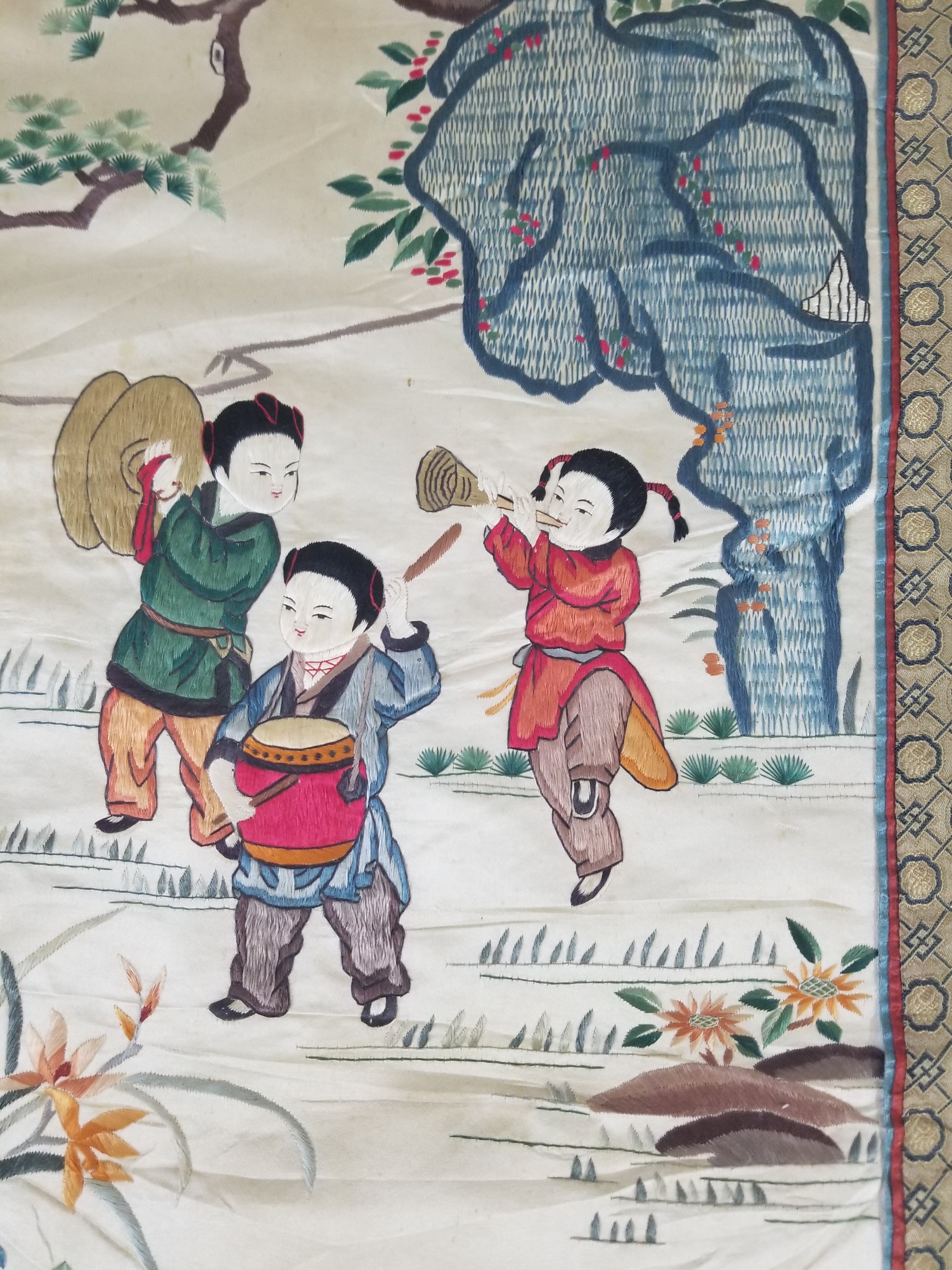 Vintage Chinese Silk Embroidered Children Playing Scene Tapestry 66x50cm