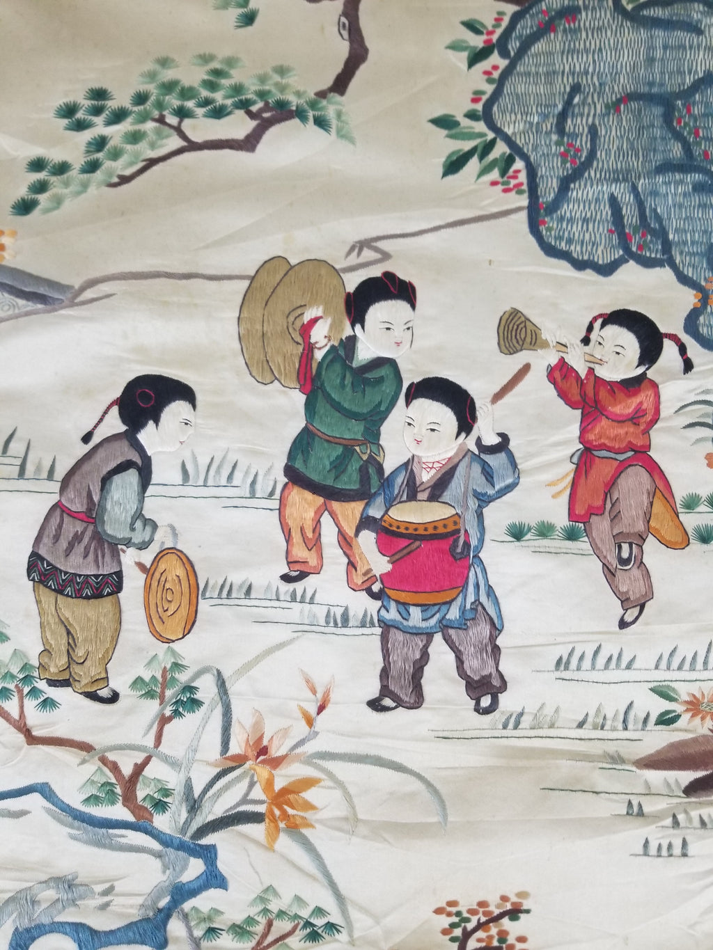 Vintage Chinese Silk Embroidered Children Playing Scene Tapestry 66x50cm