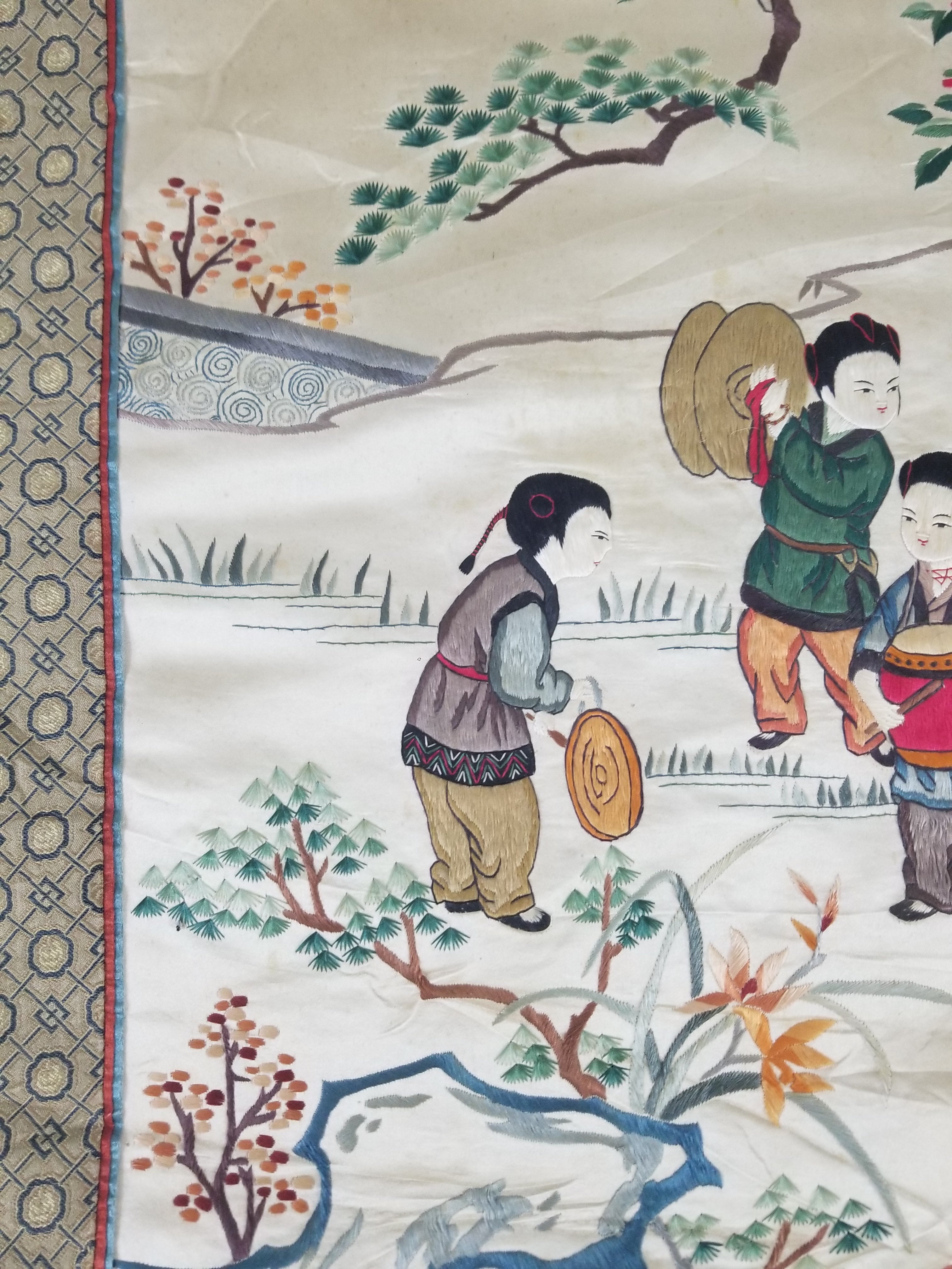 Vintage Chinese Silk Embroidered Children Playing Scene Tapestry 66x50cm