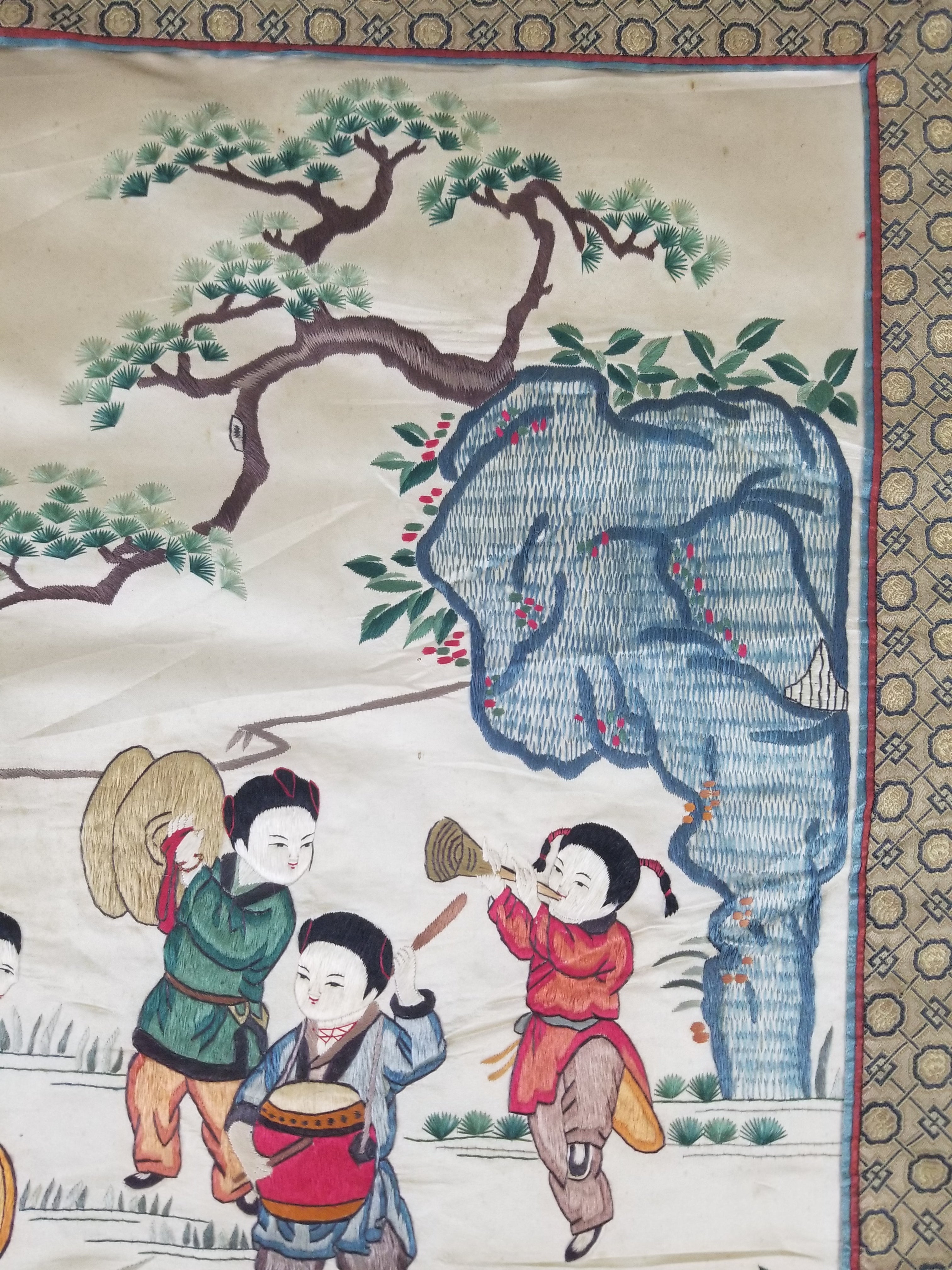 Vintage Chinese Silk Embroidered Children Playing Scene Tapestry 66x50cm
