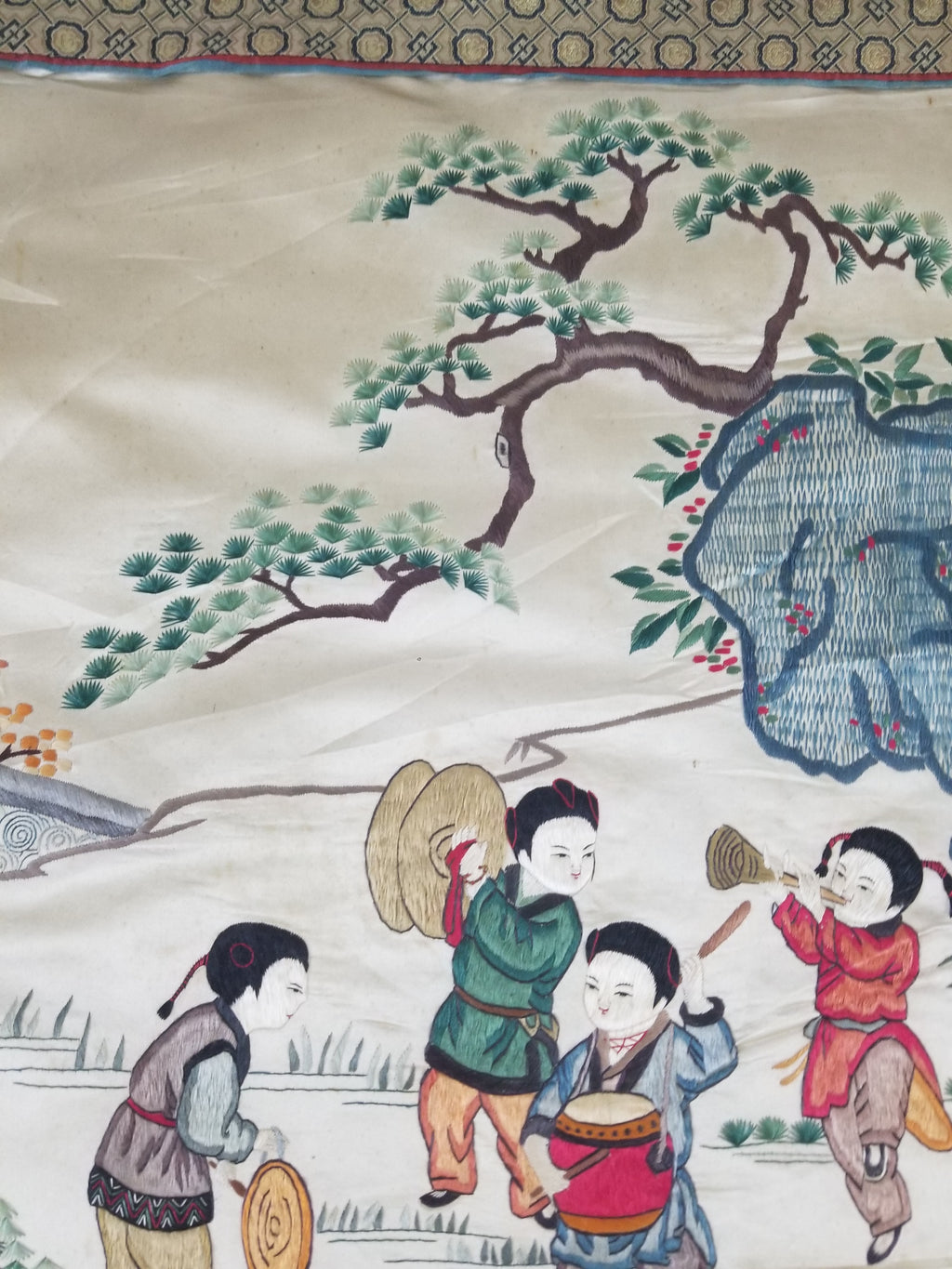 Vintage Chinese Silk Embroidered Children Playing Scene Tapestry 66x50cm