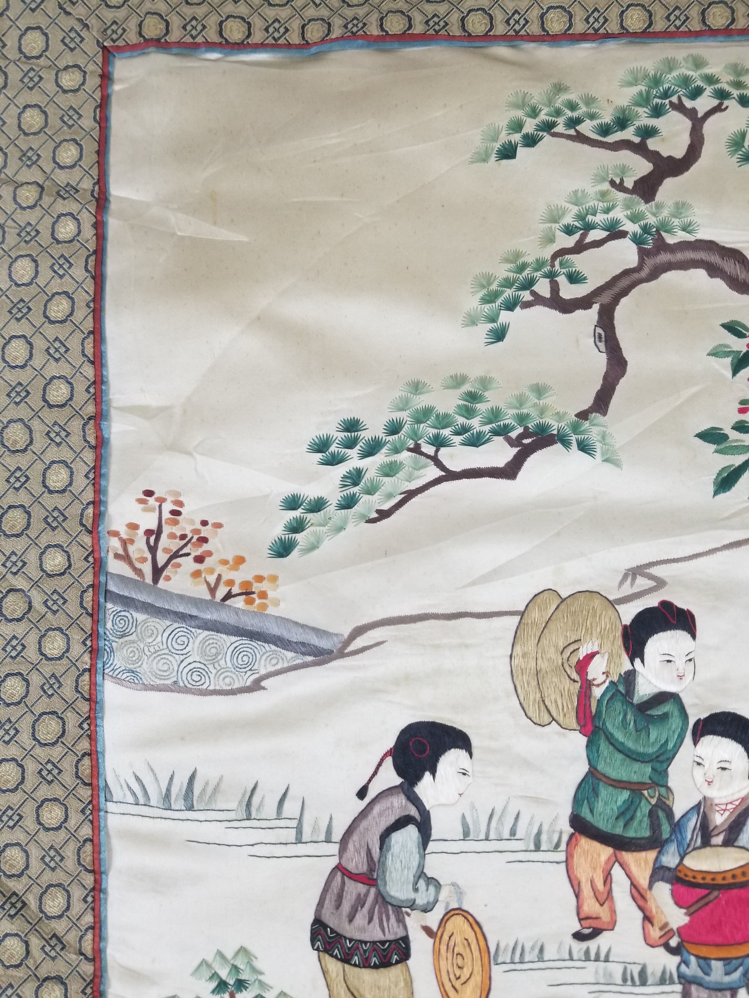 Vintage Chinese Silk Embroidered Children Playing Scene Tapestry 66x50cm