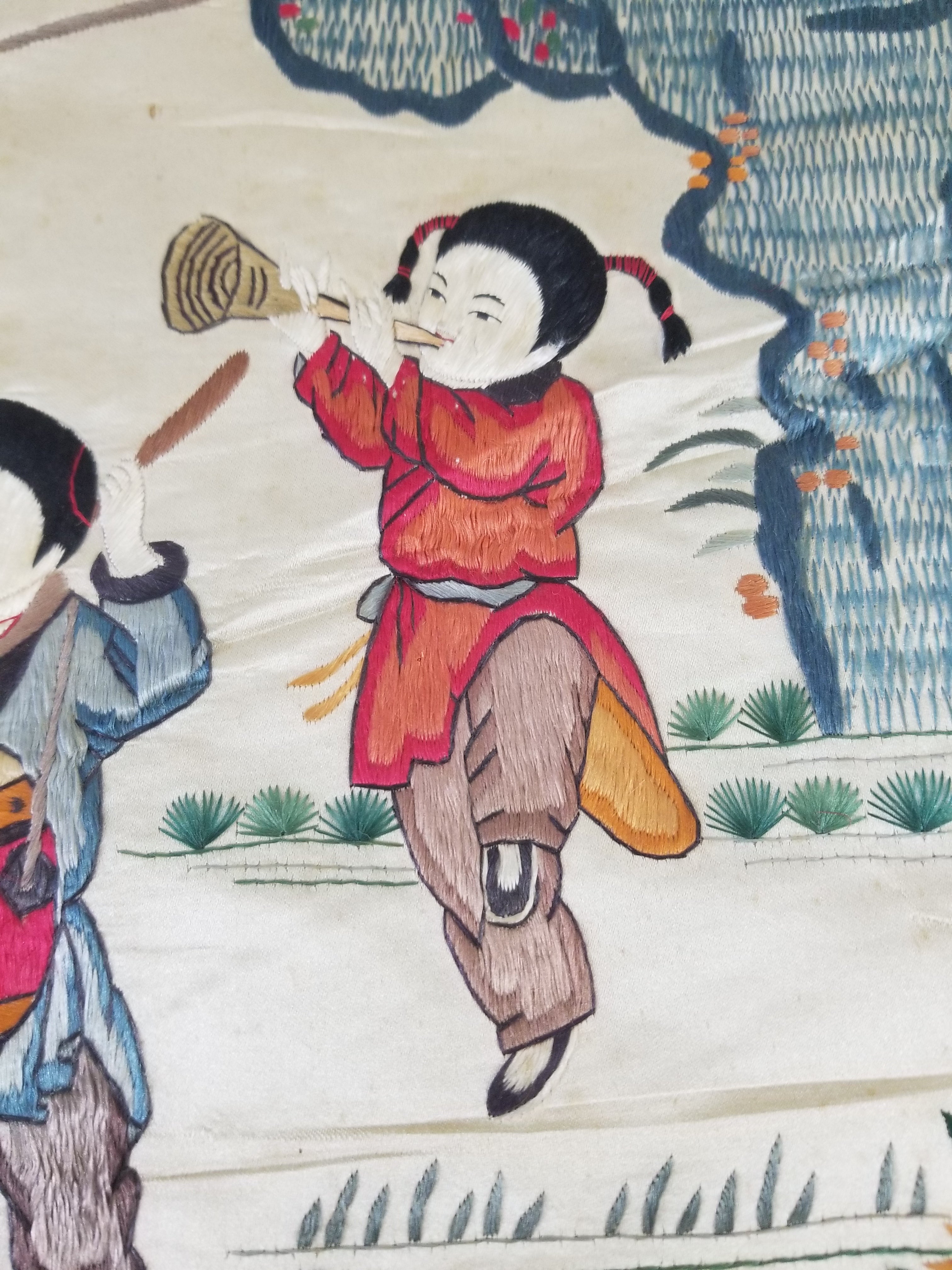 Vintage Chinese Silk Embroidered Children Playing Scene Tapestry 66x50cm
