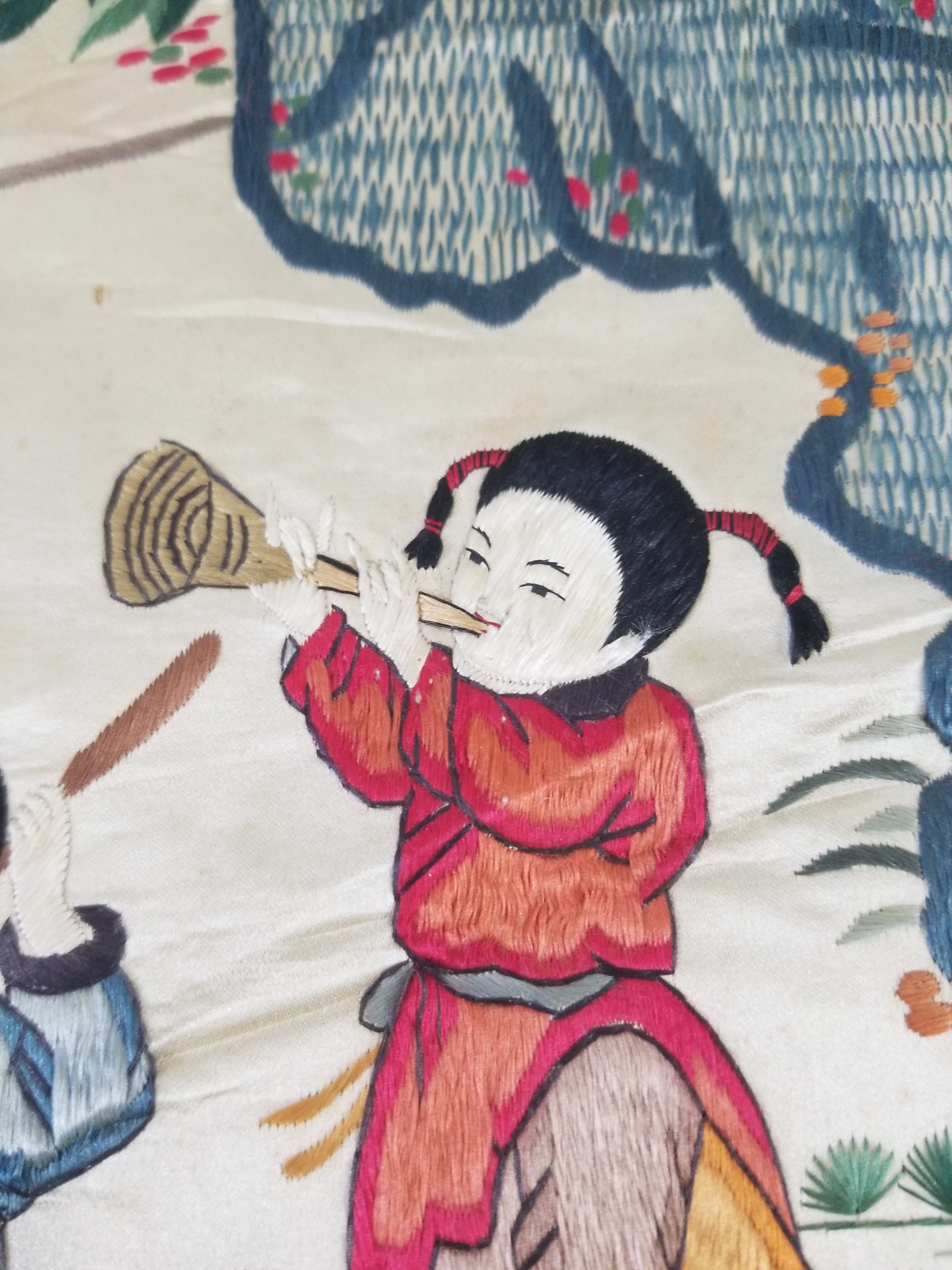 Vintage Chinese Silk Embroidered Children Playing Scene Tapestry 66x50cm