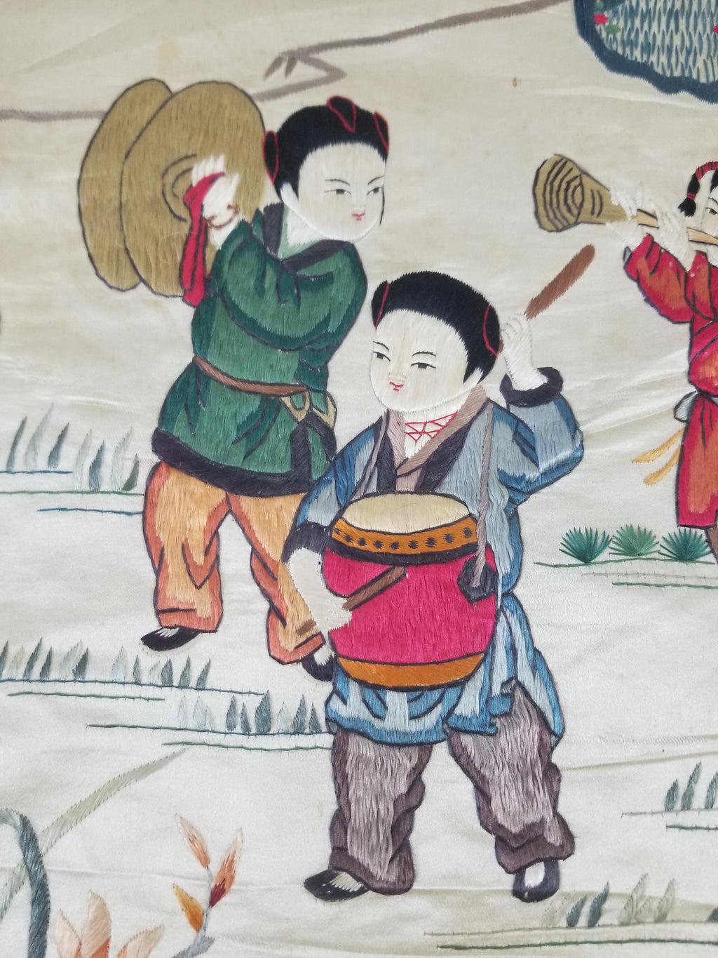 Vintage Chinese Silk Embroidered Children Playing Scene Tapestry 66x50cm