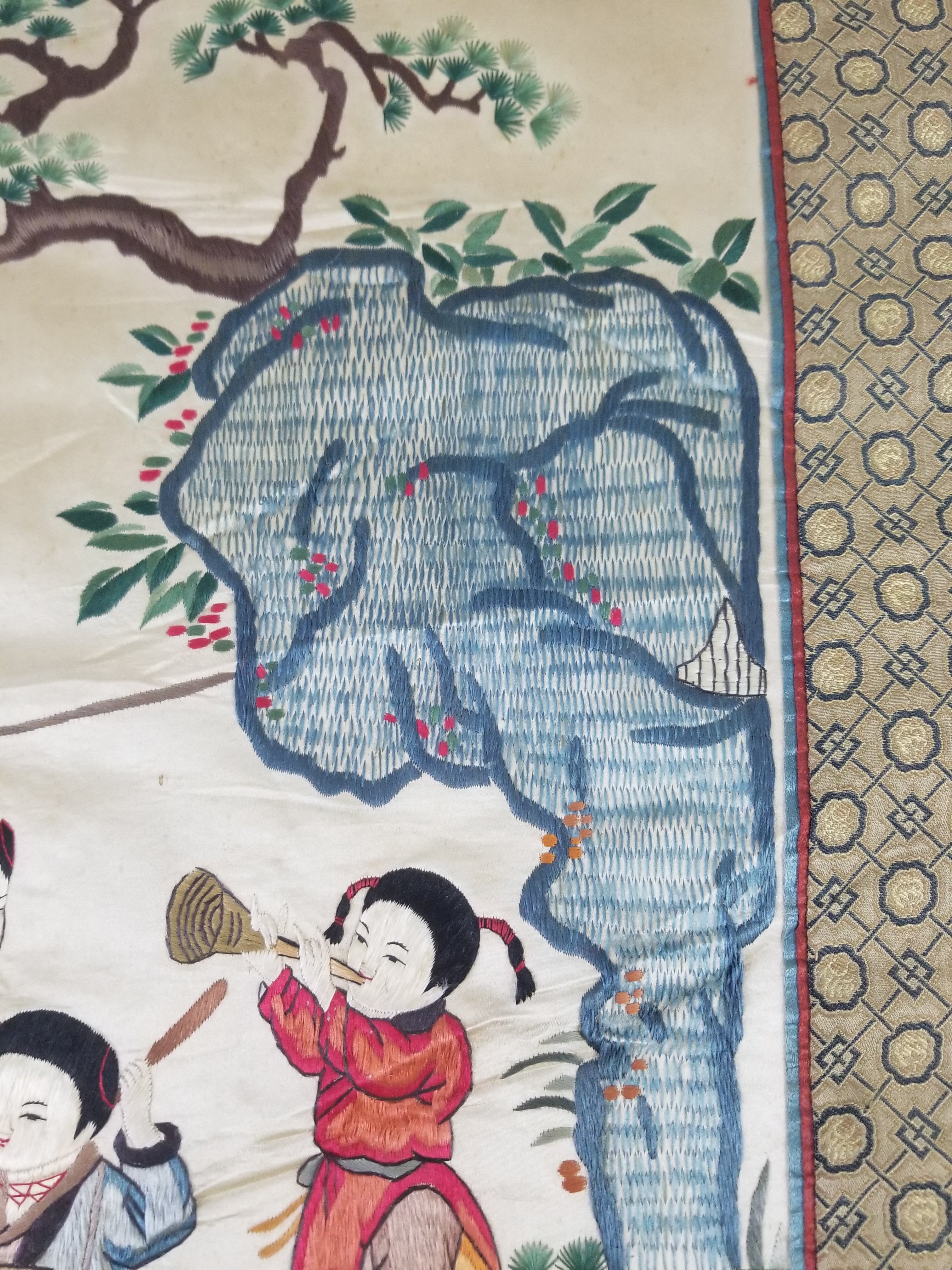 Vintage Chinese Silk Embroidered Children Playing Scene Tapestry 66x50cm