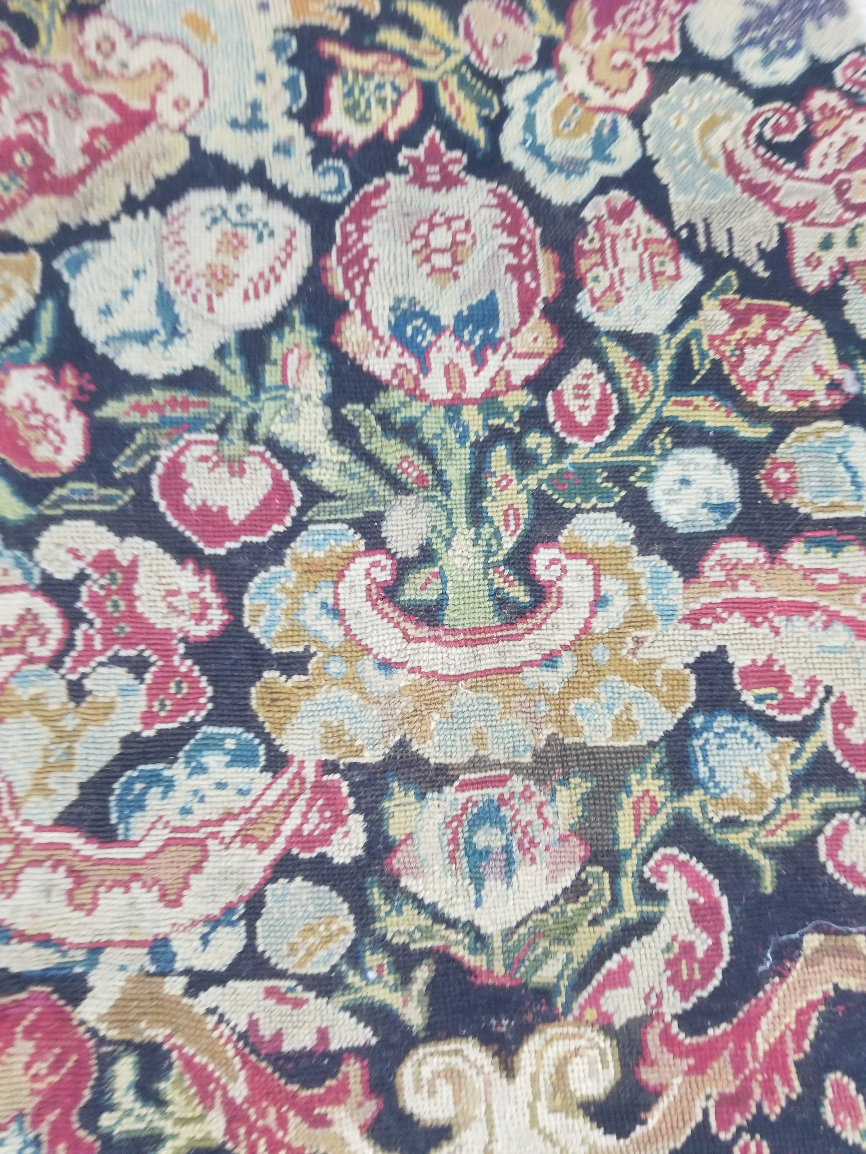 Antique European Needlepoint Pomegranate Tree Vase Floral Fragment 77x64cm