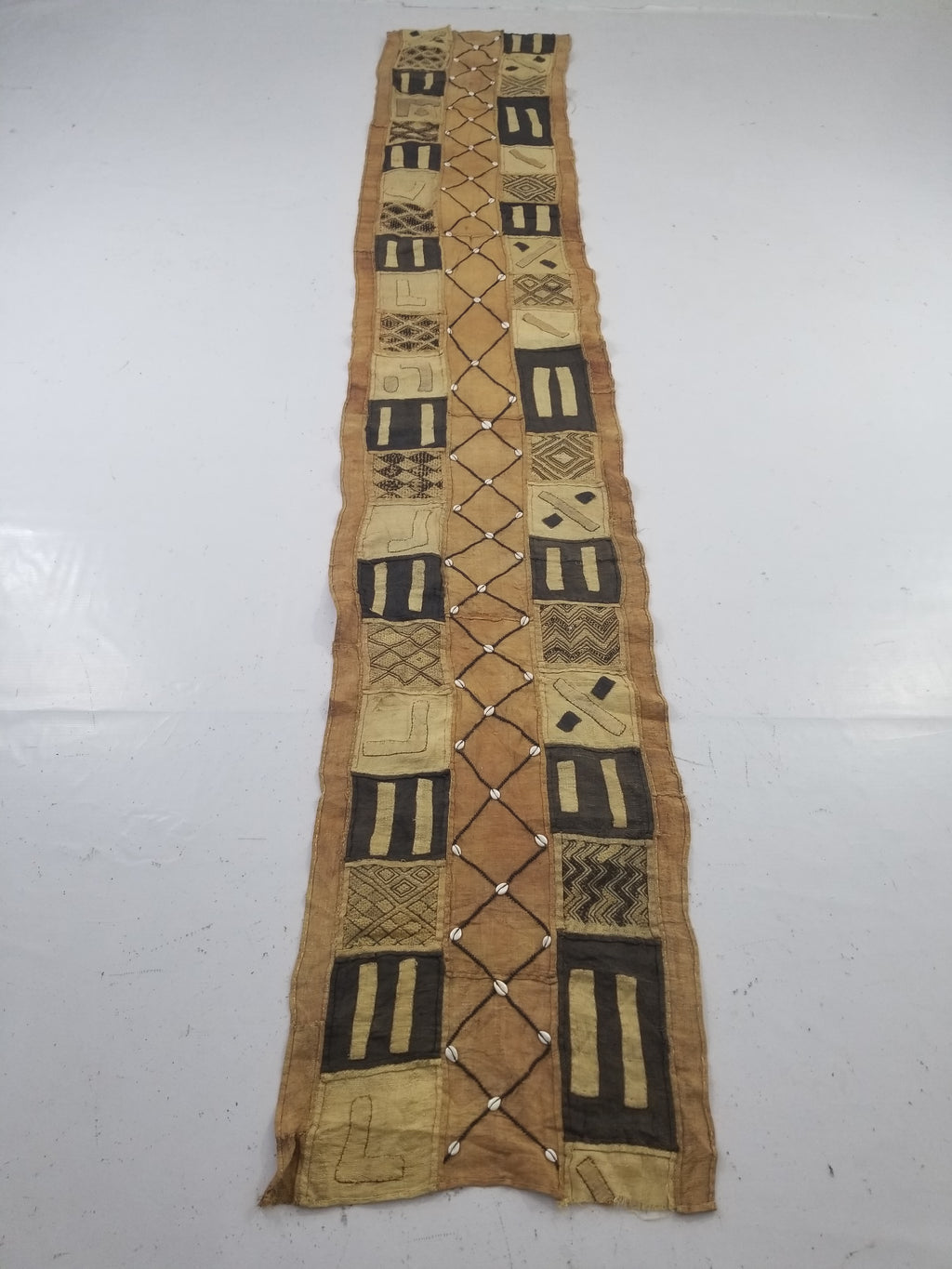 Vintage African Cowrie Shell & Embroidered Tribal Textile Runner 320x55cm