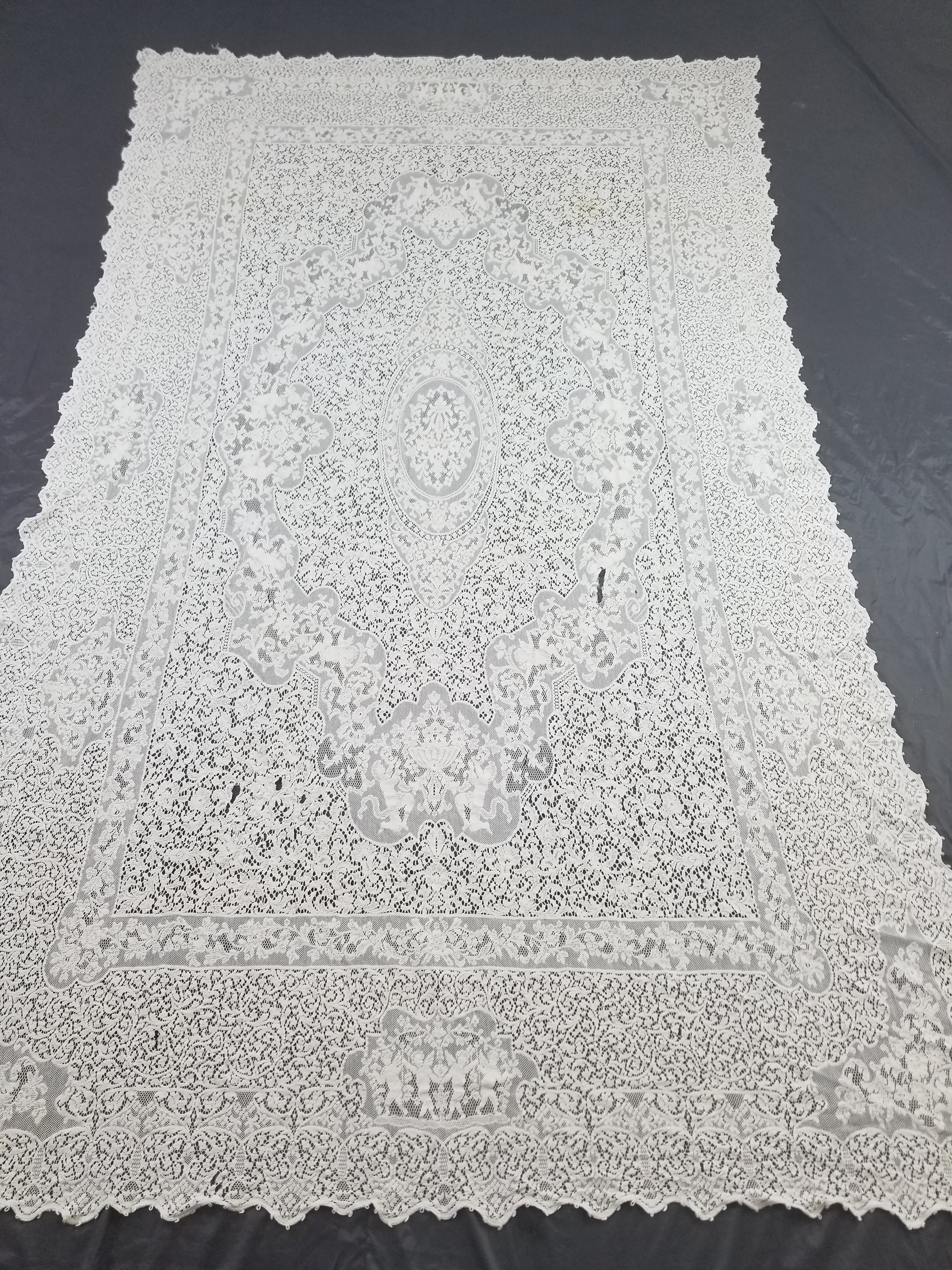 Vintage European Floral & Cherub Brussels Lace Tablecloth 250x50cm