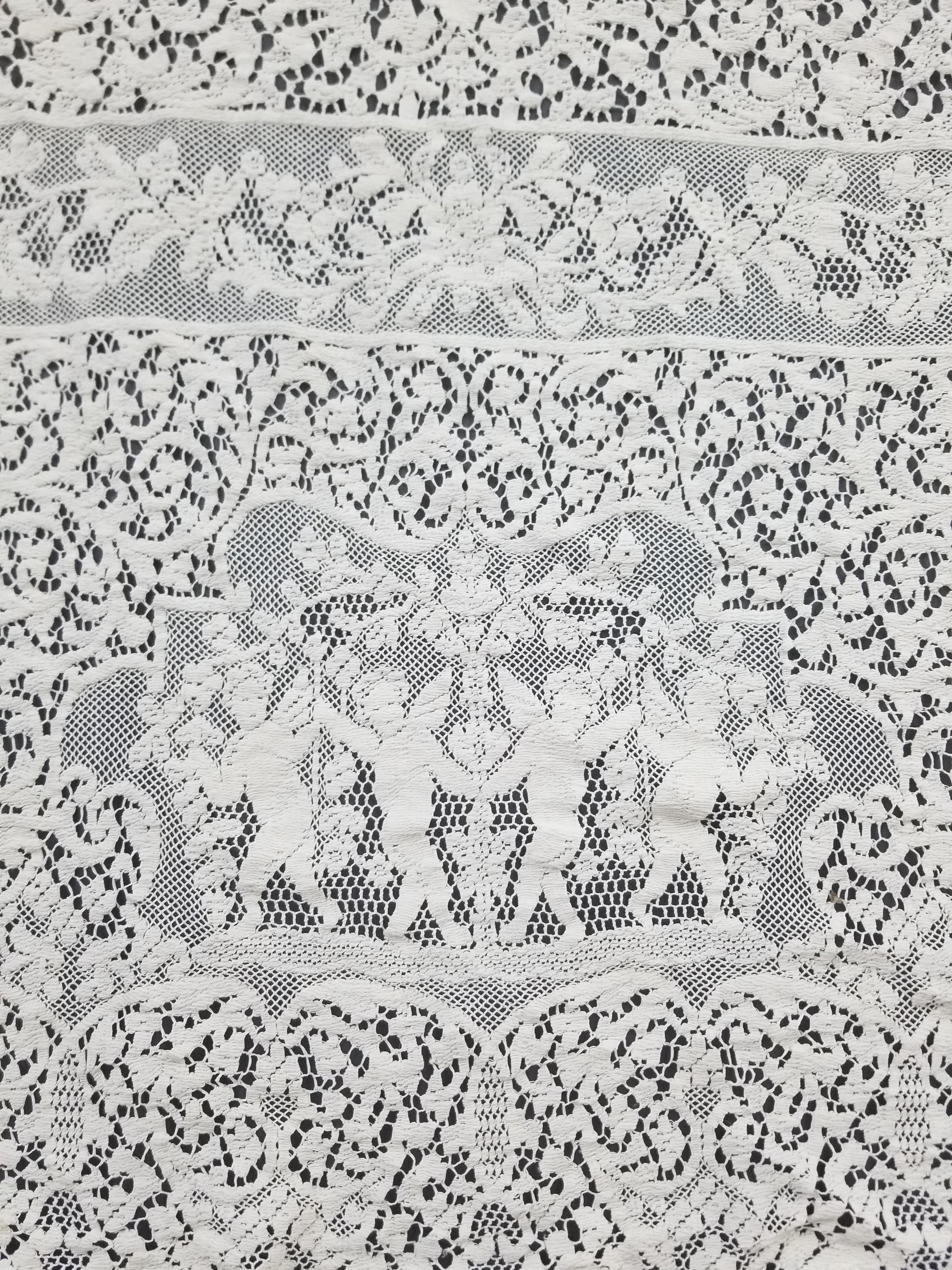 Vintage European Floral & Cherub Brussels Lace Tablecloth 250x50cm
