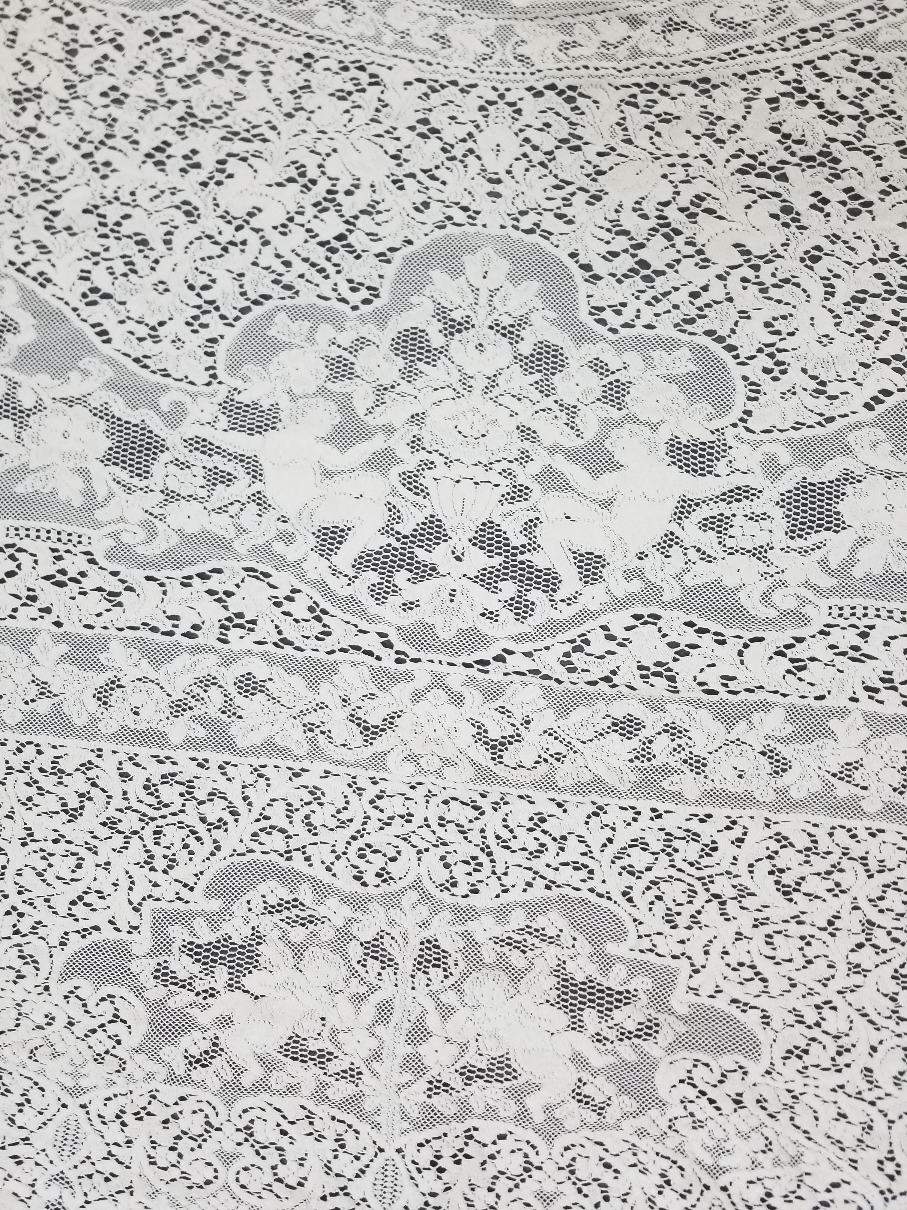 Vintage European Floral & Cherub Brussels Lace Tablecloth 250x50cm