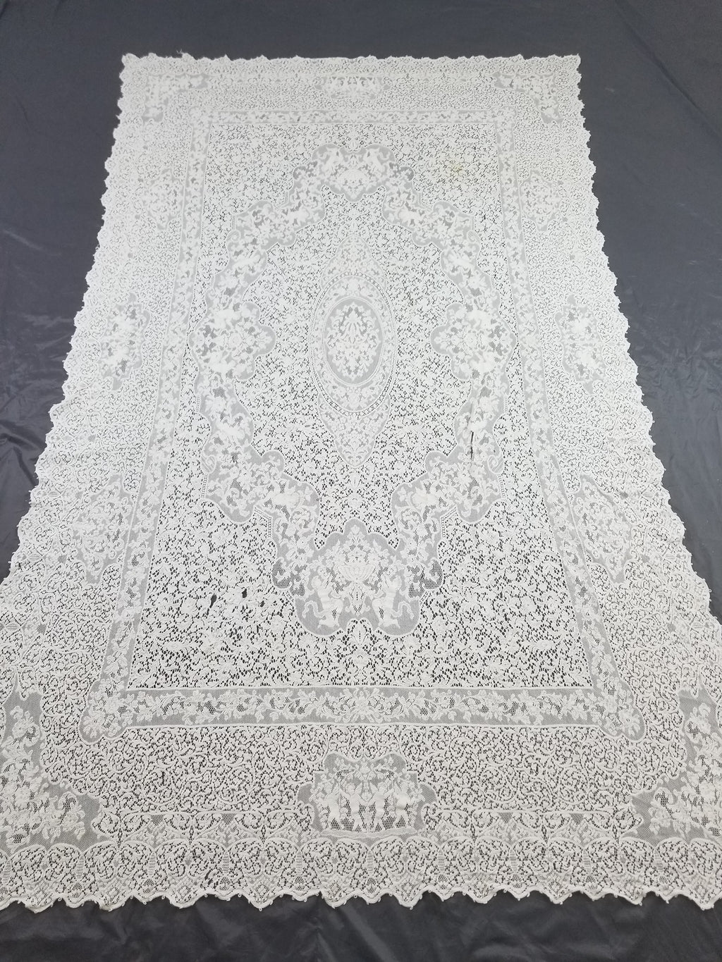 Vintage European Floral & Cherub Brussels Lace Tablecloth 250x50cm