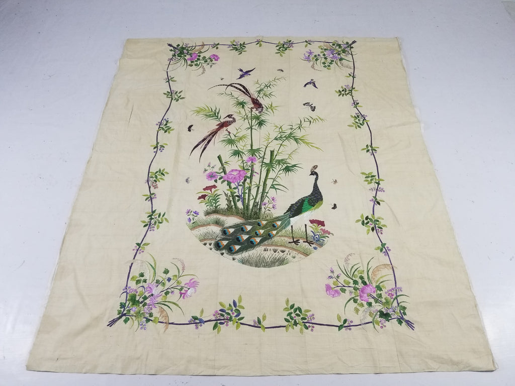 Vintage Chinese Peacock & Bamboo Silk Embroidered Decorative Panel 176x153cm