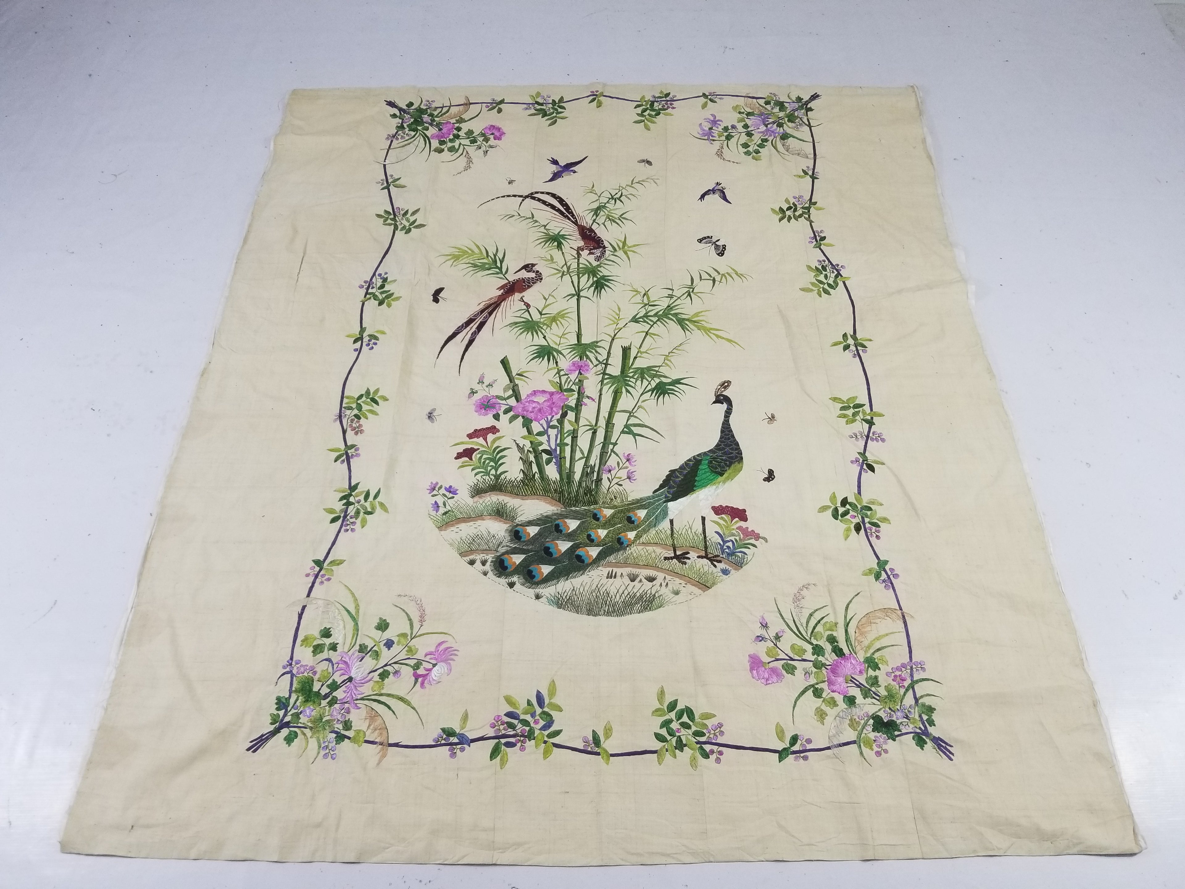 Vintage Chinese Peacock & Bamboo Silk Embroidered Decorative Panel 176x153cm