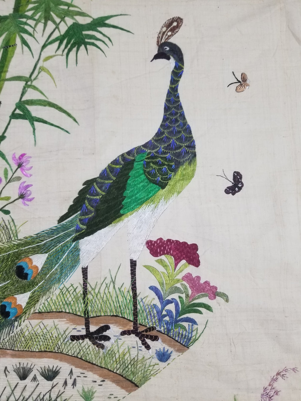 Vintage Chinese Peacock & Bamboo Silk Embroidered Decorative Panel 176x153cm