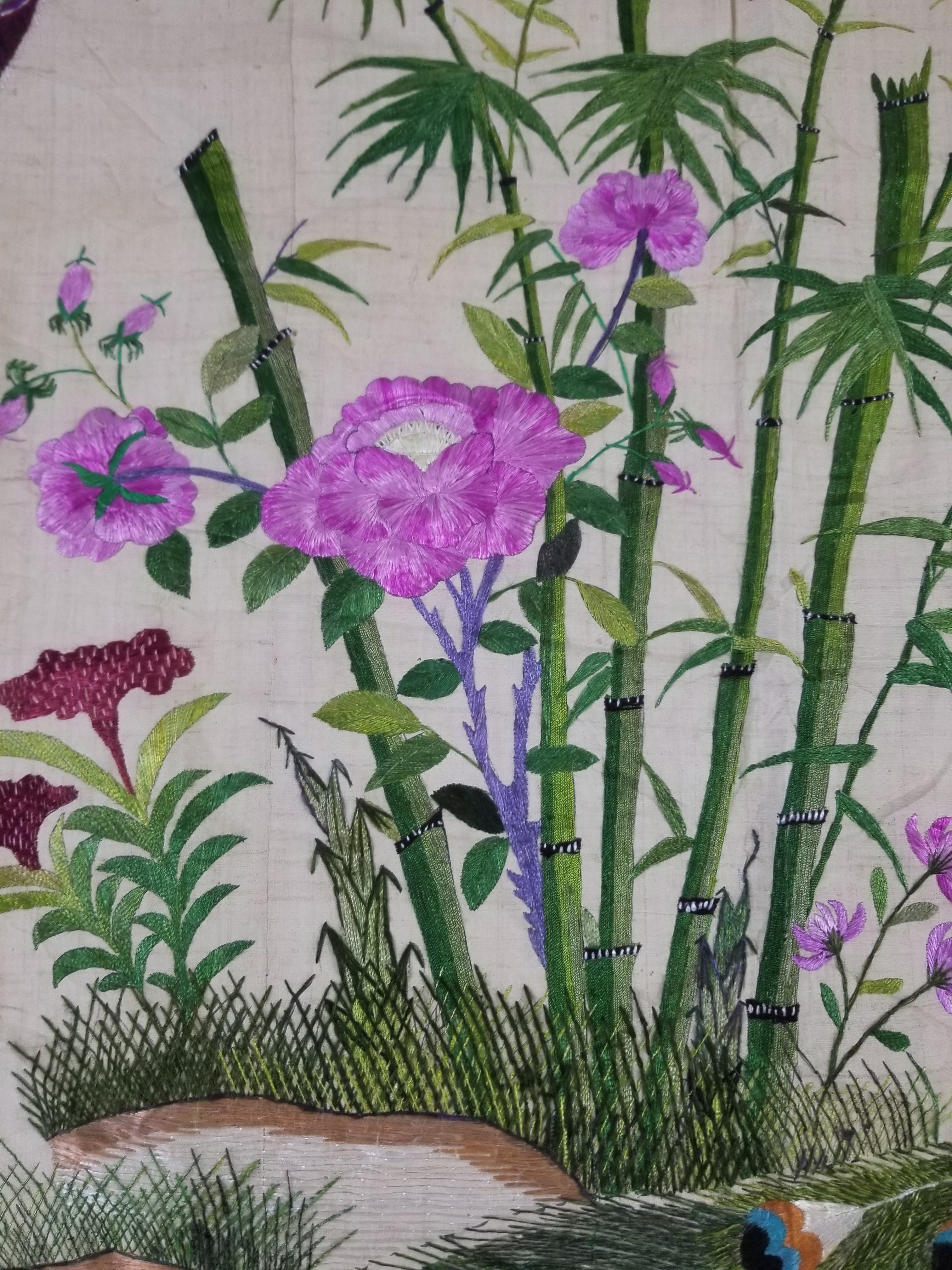 Vintage Chinese Peacock & Bamboo Silk Embroidered Decorative Panel 176x153cm