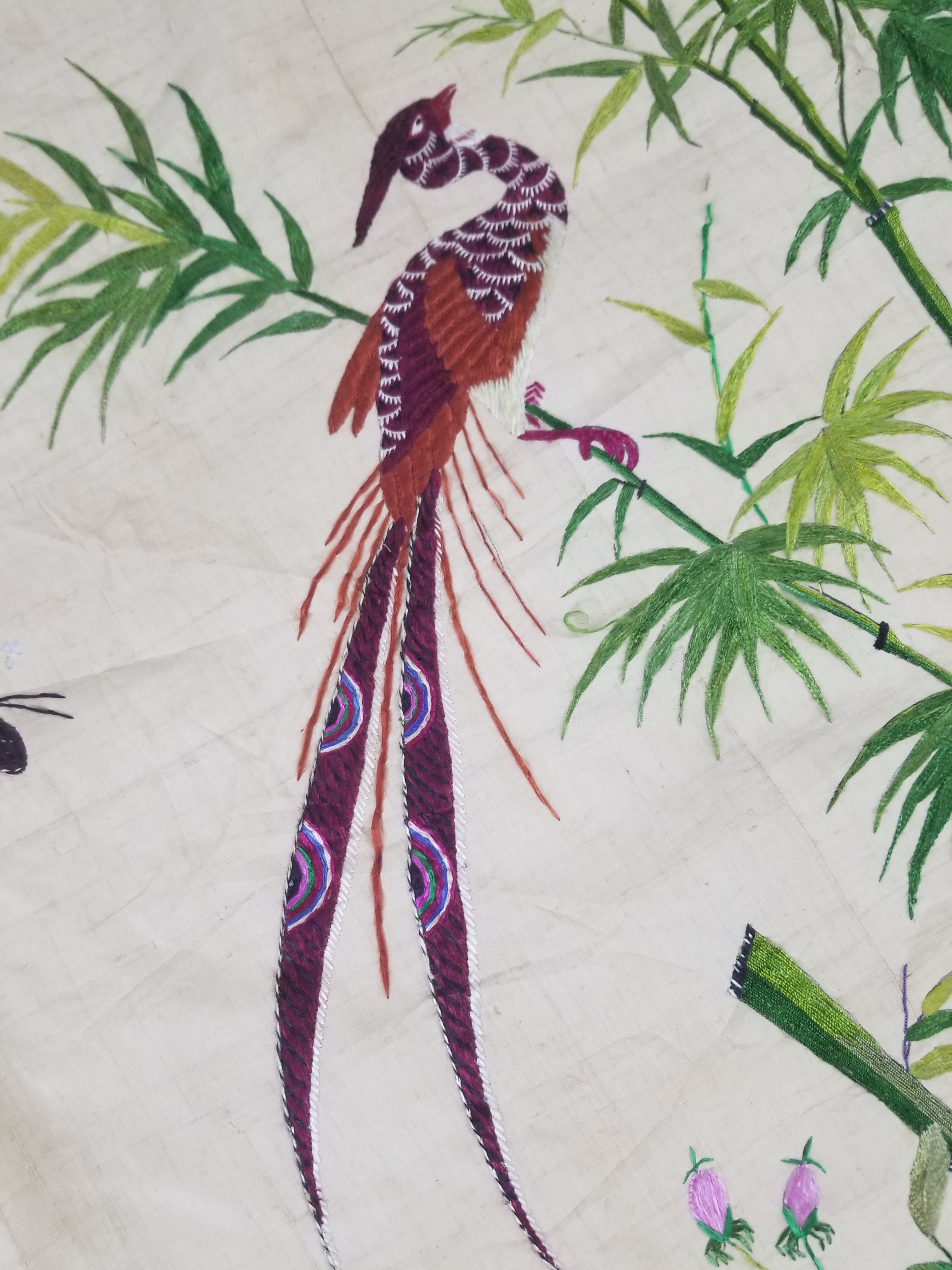 Vintage Chinese Peacock & Bamboo Silk Embroidered Decorative Panel 176x153cm