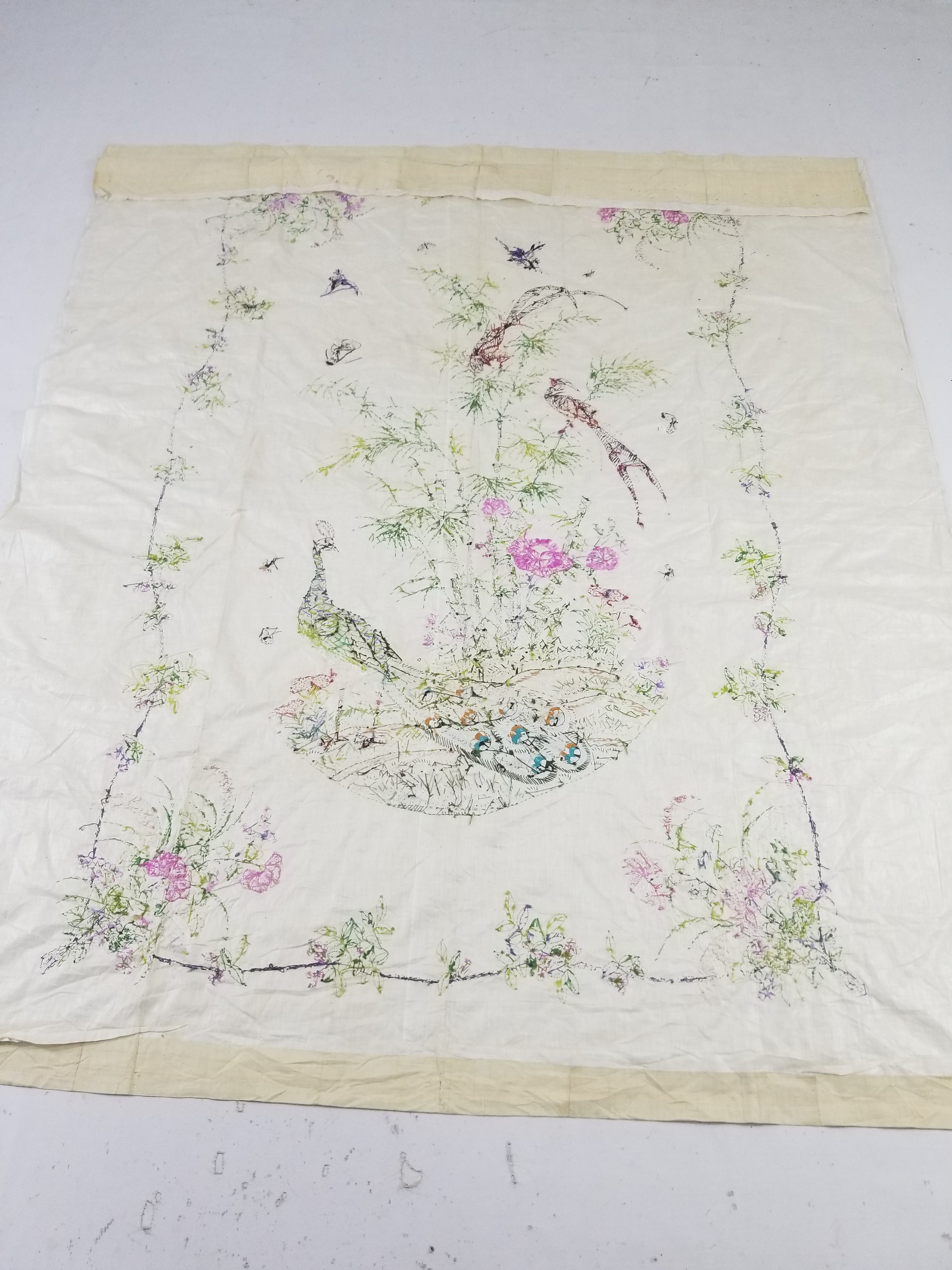 Vintage Chinese Peacock & Bamboo Silk Embroidered Decorative Panel 176x153cm