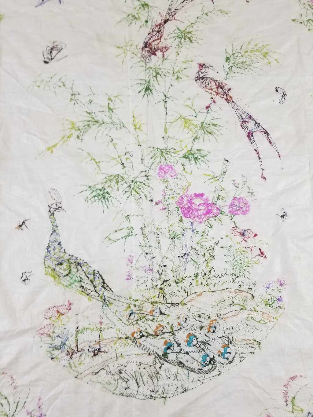 Vintage Chinese Peacock & Bamboo Silk Embroidered Decorative Panel 176x153cm