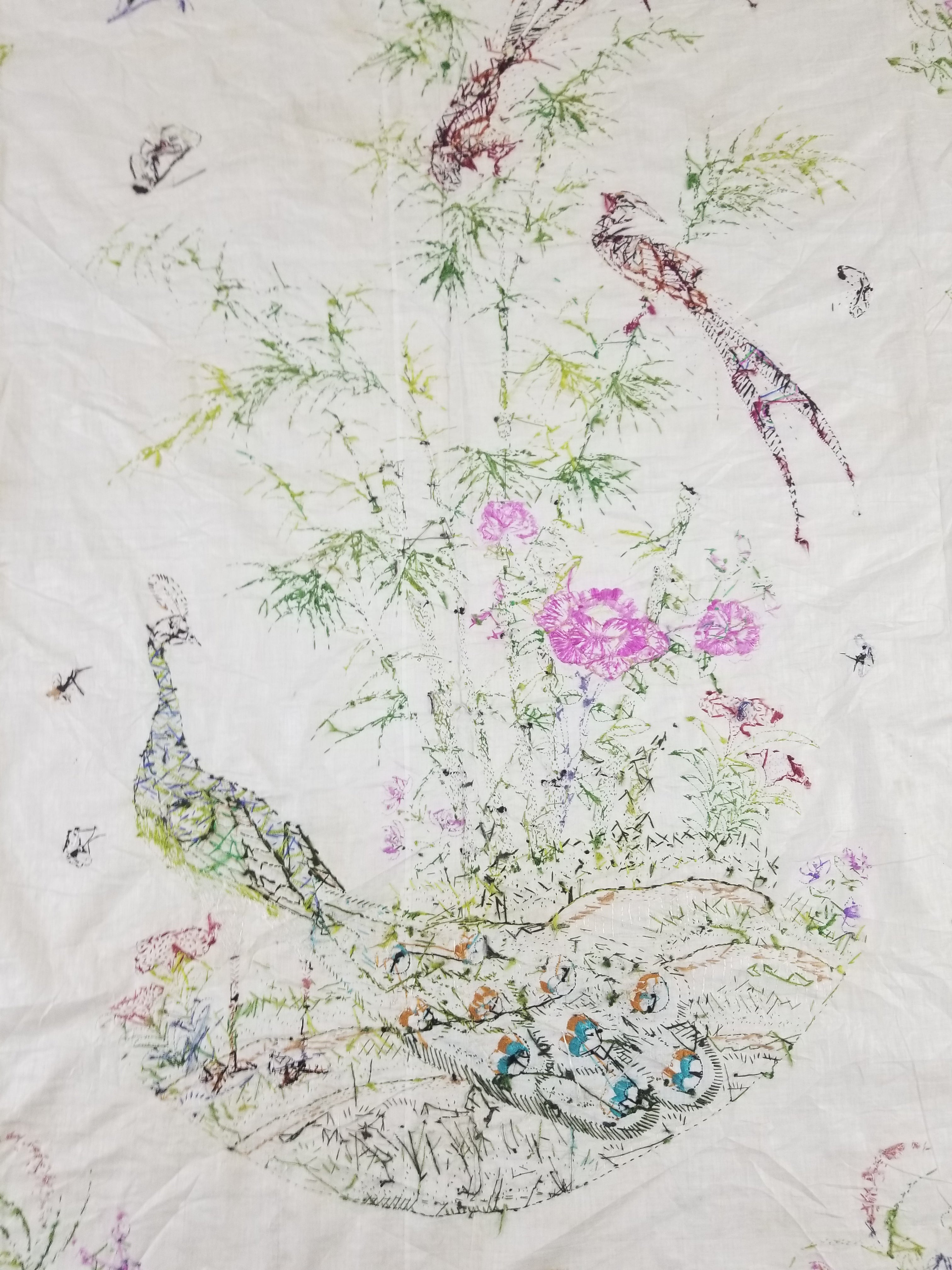 Vintage Chinese Peacock & Bamboo Silk Embroidered Decorative Panel 176x153cm