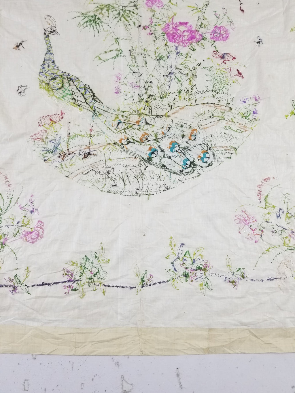 Vintage Chinese Peacock & Bamboo Silk Embroidered Decorative Panel 176x153cm