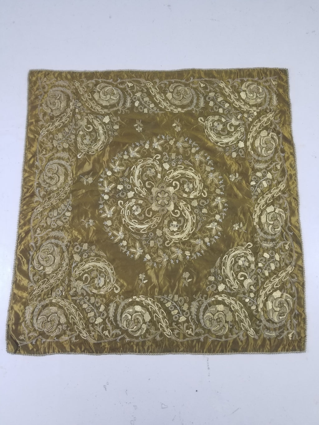 Antique Ottoman Floral Medallion Embroidered Silk Tapestry 118x114cm