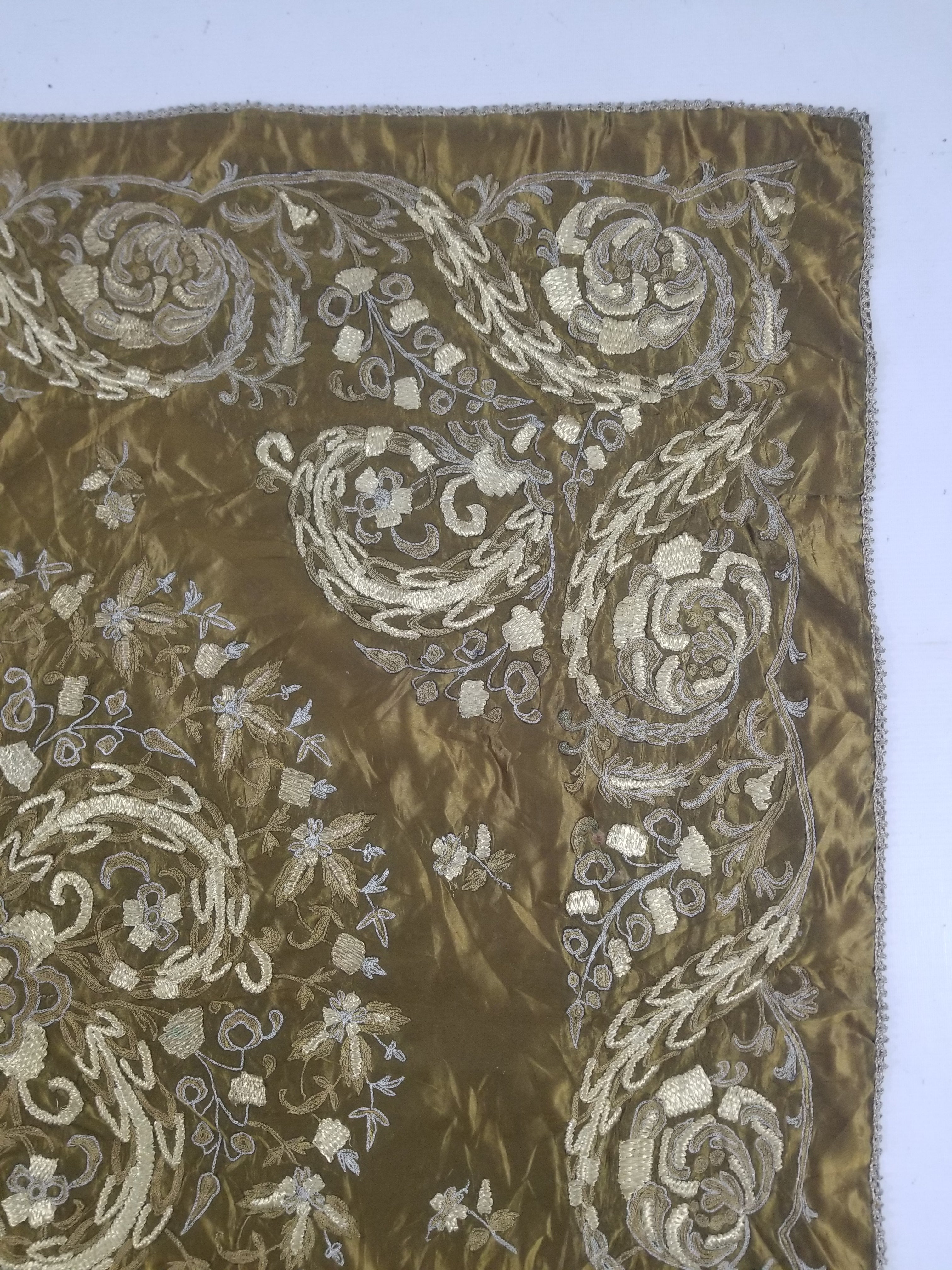 Antique Ottoman Floral Medallion Embroidered Silk Tapestry 118x114cm