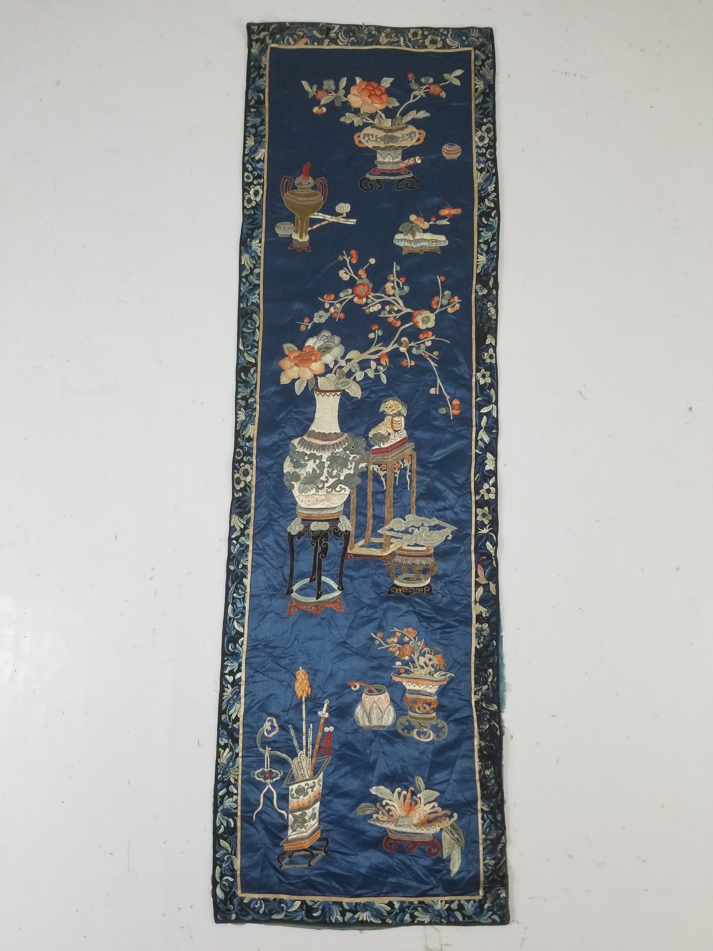 Antique Chinese Silk Embroidered Still Life Vase Bonsai & Scholar's Table Tapestry 149x144cm