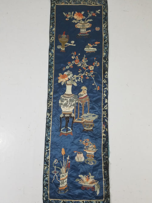 Antique Chinese Silk Embroidered Still Life Vase Bonsai & Scholar's Table Tapestry 149x144cm