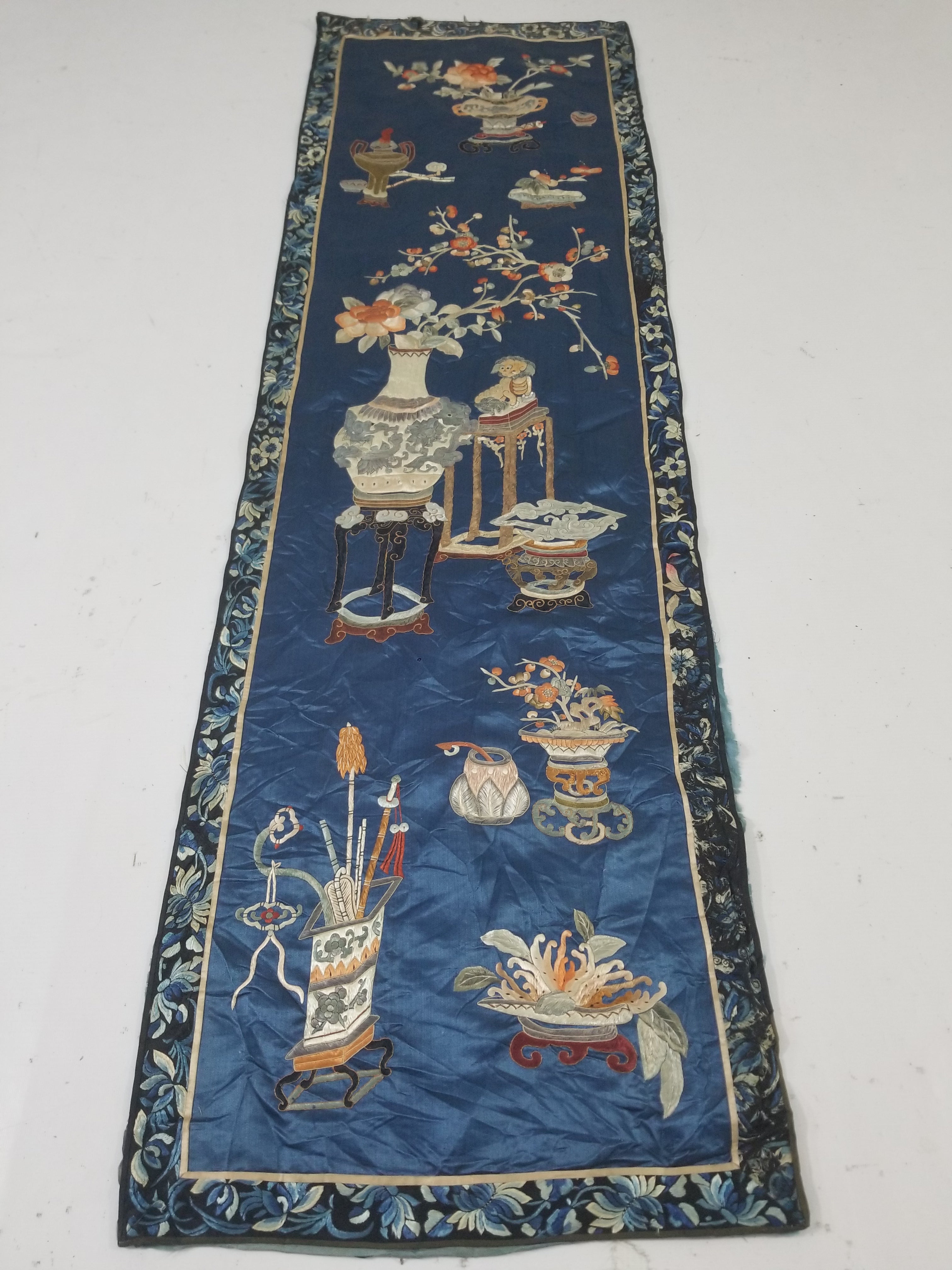 Antique Chinese Silk Embroidered Still Life Vase Bonsai & Scholar's Table Tapestry 149x144cm