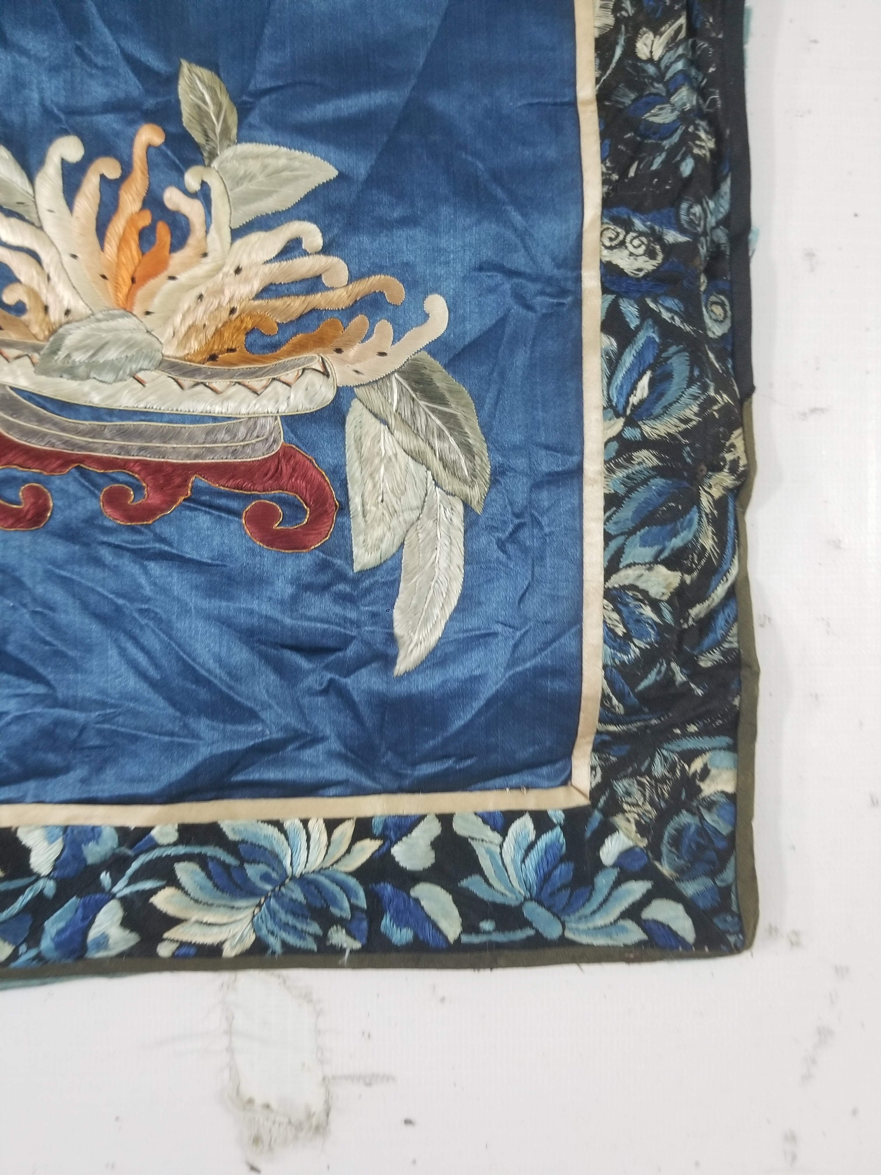 Antique Chinese Silk Embroidered Still Life Vase Bonsai & Scholar's Table Tapestry 149x144cm