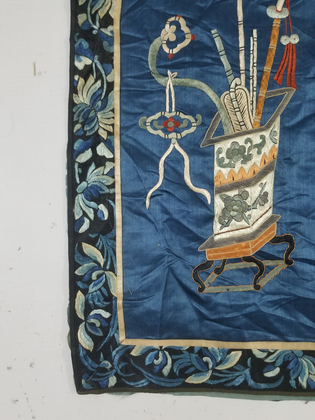 Antique Chinese Silk Embroidered Still Life Vase Bonsai & Scholar's Table Tapestry 149x144cm