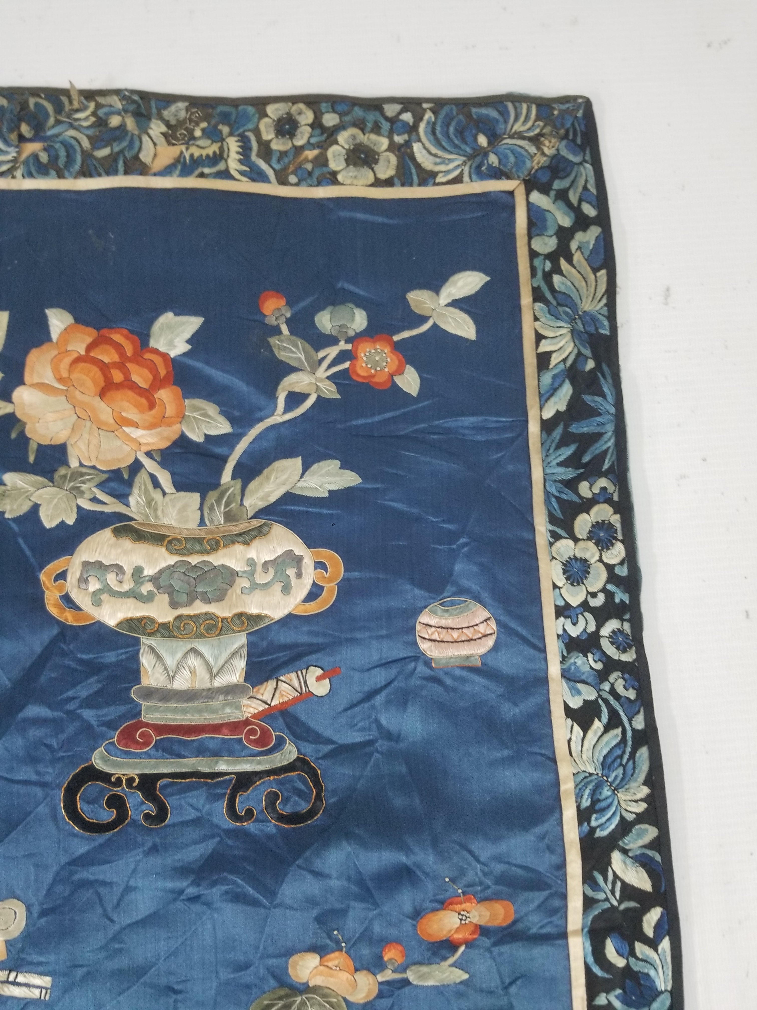Antique Chinese Silk Embroidered Still Life Vase Bonsai & Scholar's Table Tapestry 149x144cm