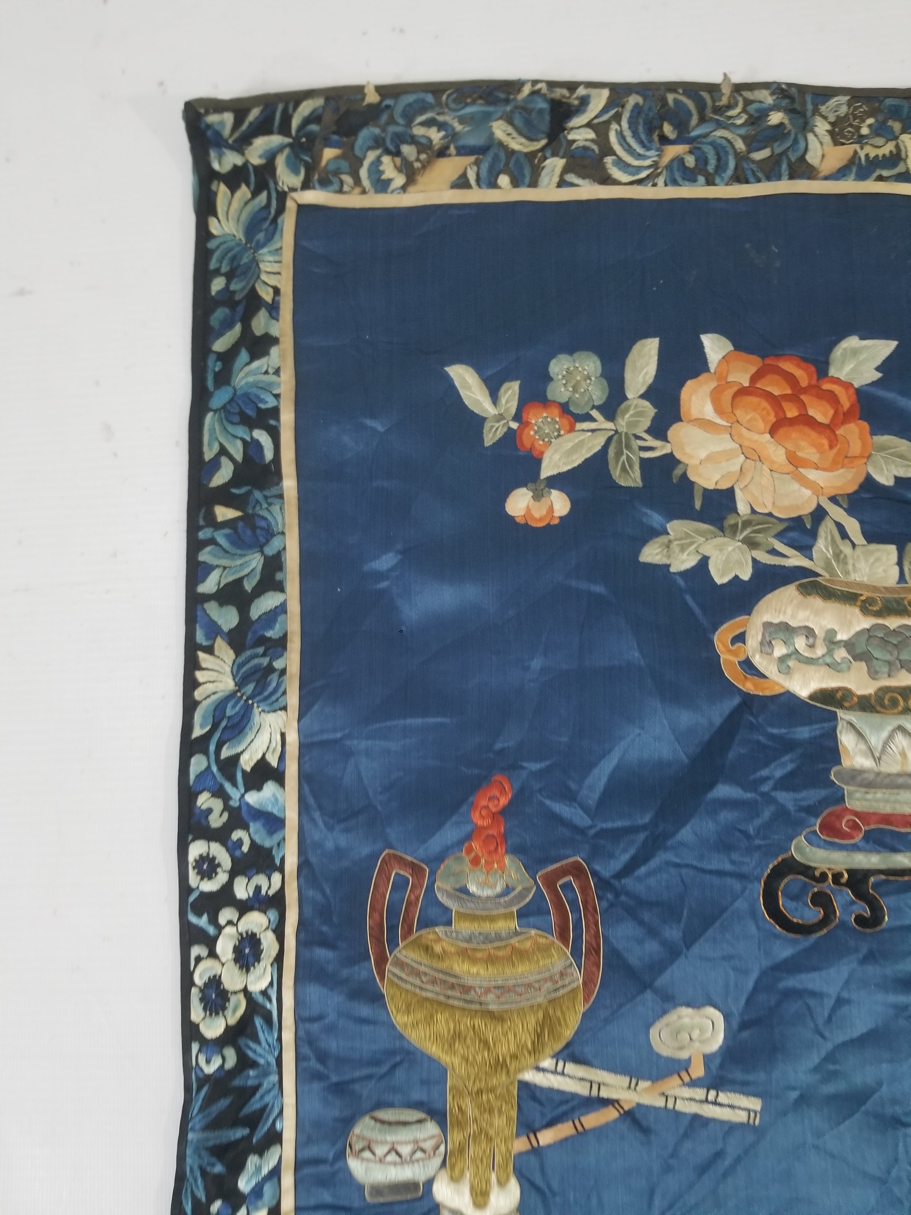 Antique Chinese Silk Embroidered Still Life Vase Bonsai & Scholar's Table Tapestry 149x144cm