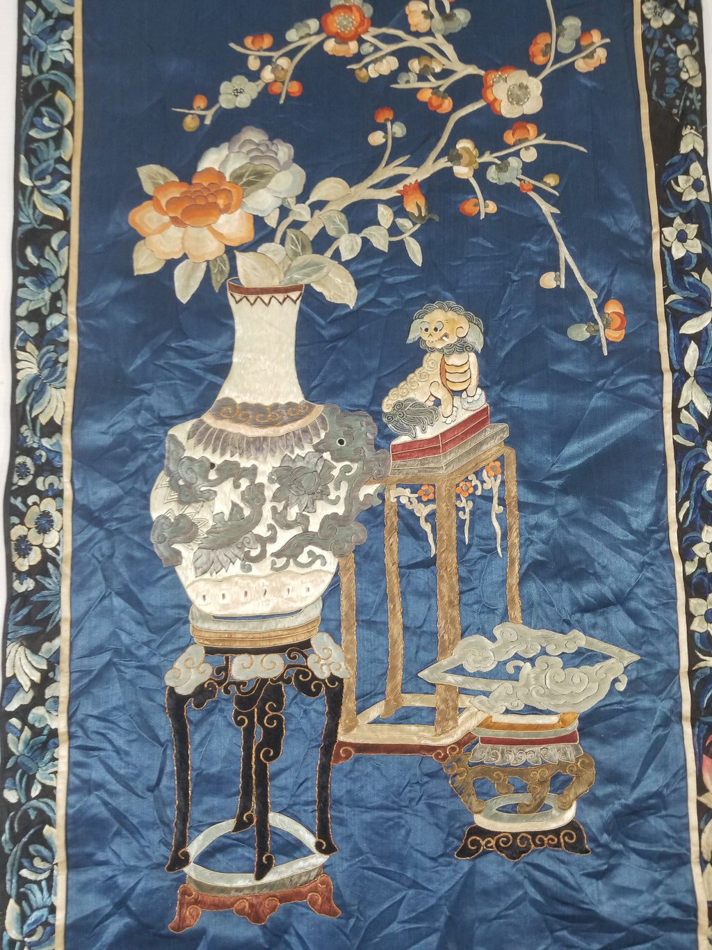 Antique Chinese Silk Embroidered Still Life Vase Bonsai & Scholar's Table Tapestry 149x144cm