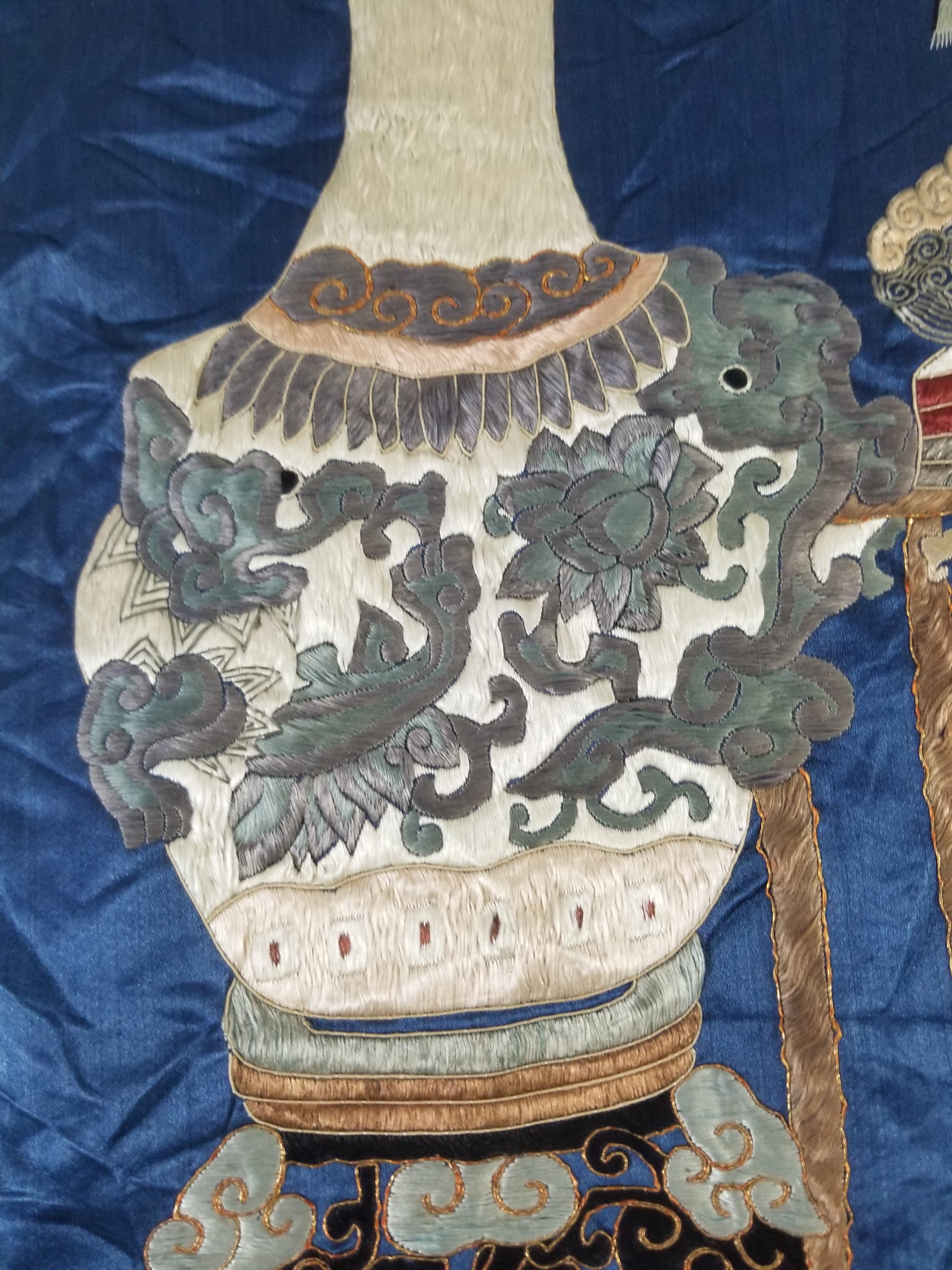 Antique Chinese Silk Embroidered Still Life Vase Bonsai & Scholar's Table Tapestry 149x144cm