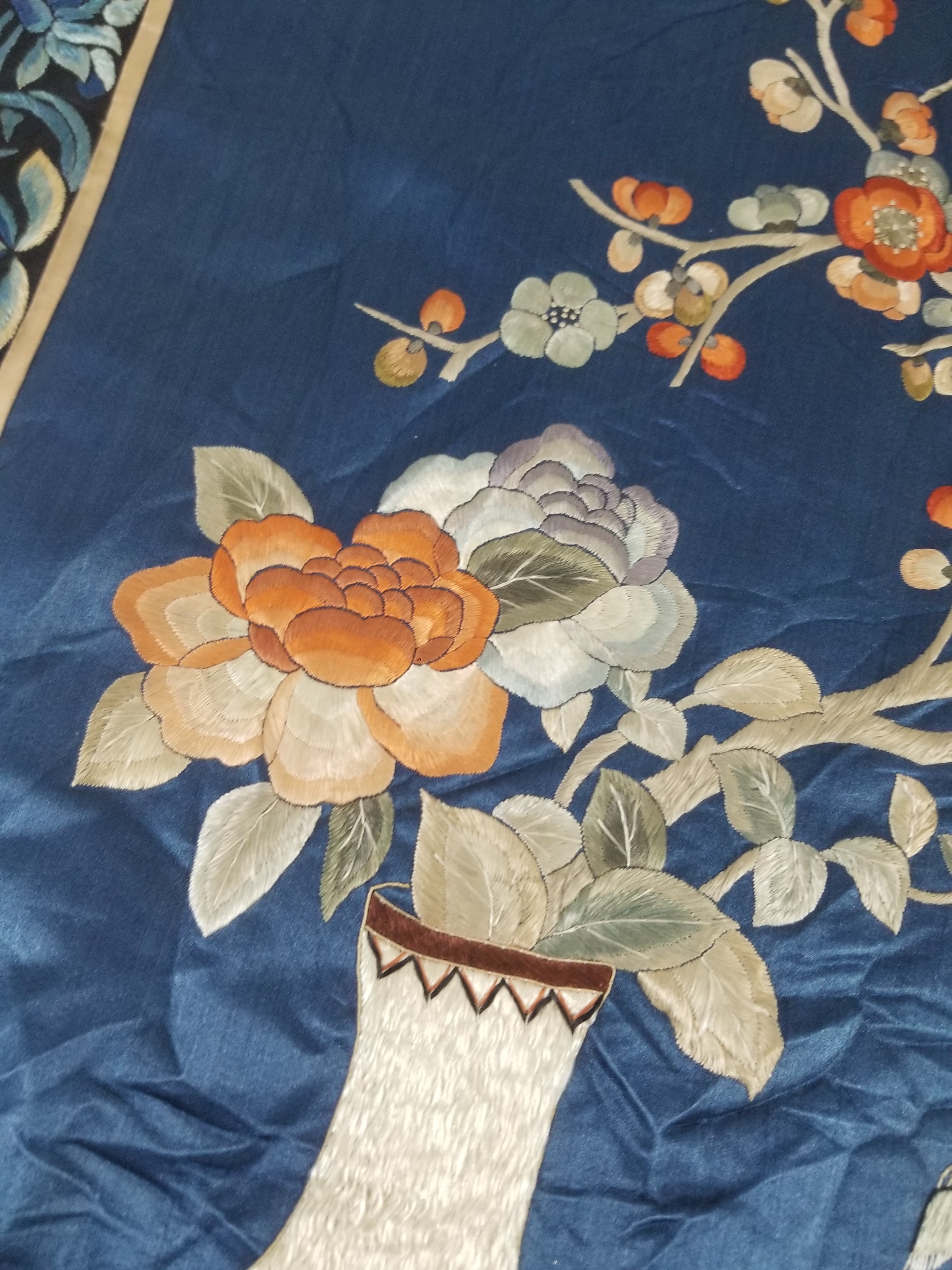 Antique Chinese Silk Embroidered Still Life Vase Bonsai & Scholar's Table Tapestry 149x144cm