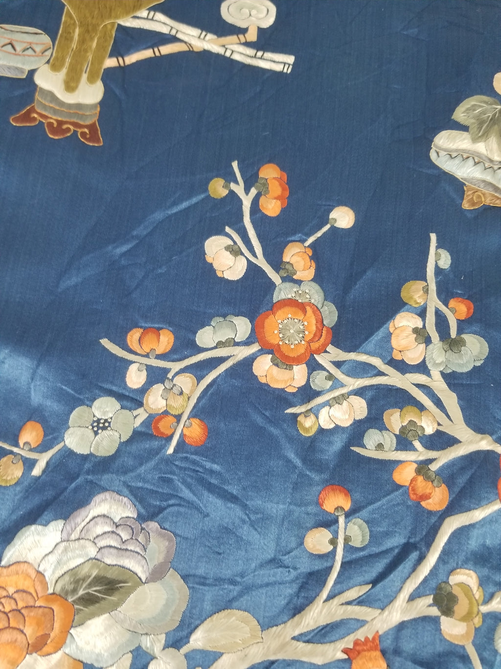 Antique Chinese Silk Embroidered Still Life Vase Bonsai & Scholar's Table Tapestry 149x144cm