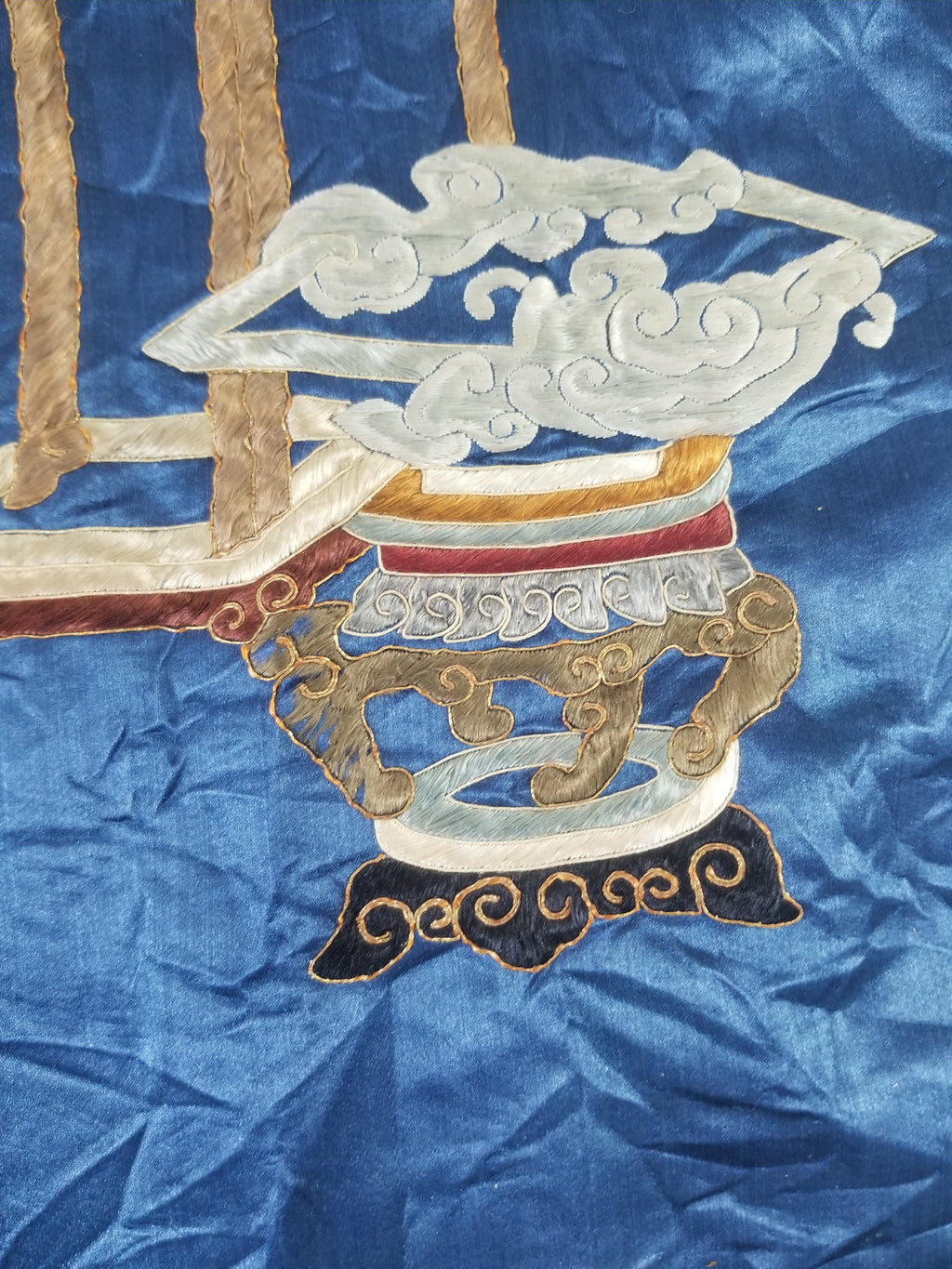 Antique Chinese Silk Embroidered Still Life Vase Bonsai & Scholar's Table Tapestry 149x144cm