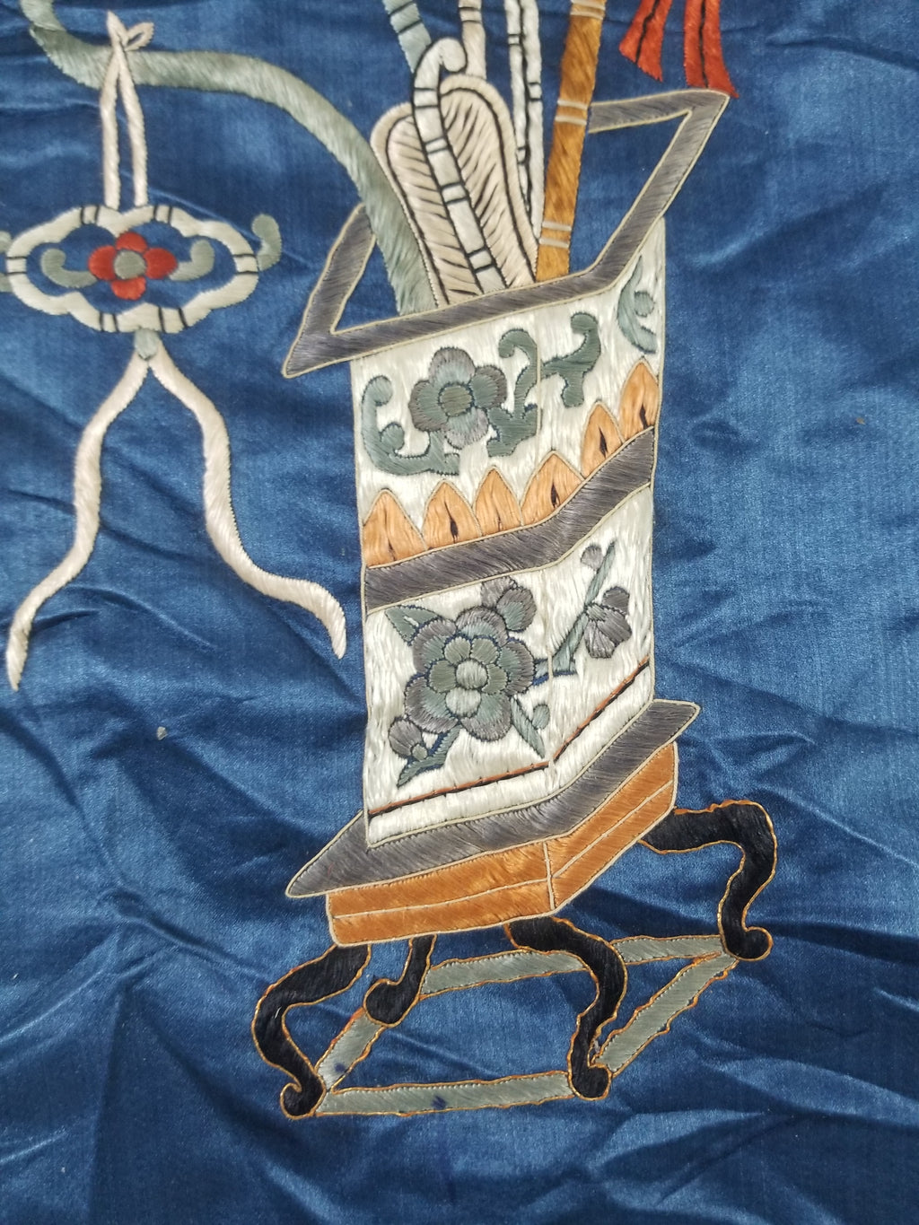 Antique Chinese Silk Embroidered Still Life Vase Bonsai & Scholar's Table Tapestry 149x144cm
