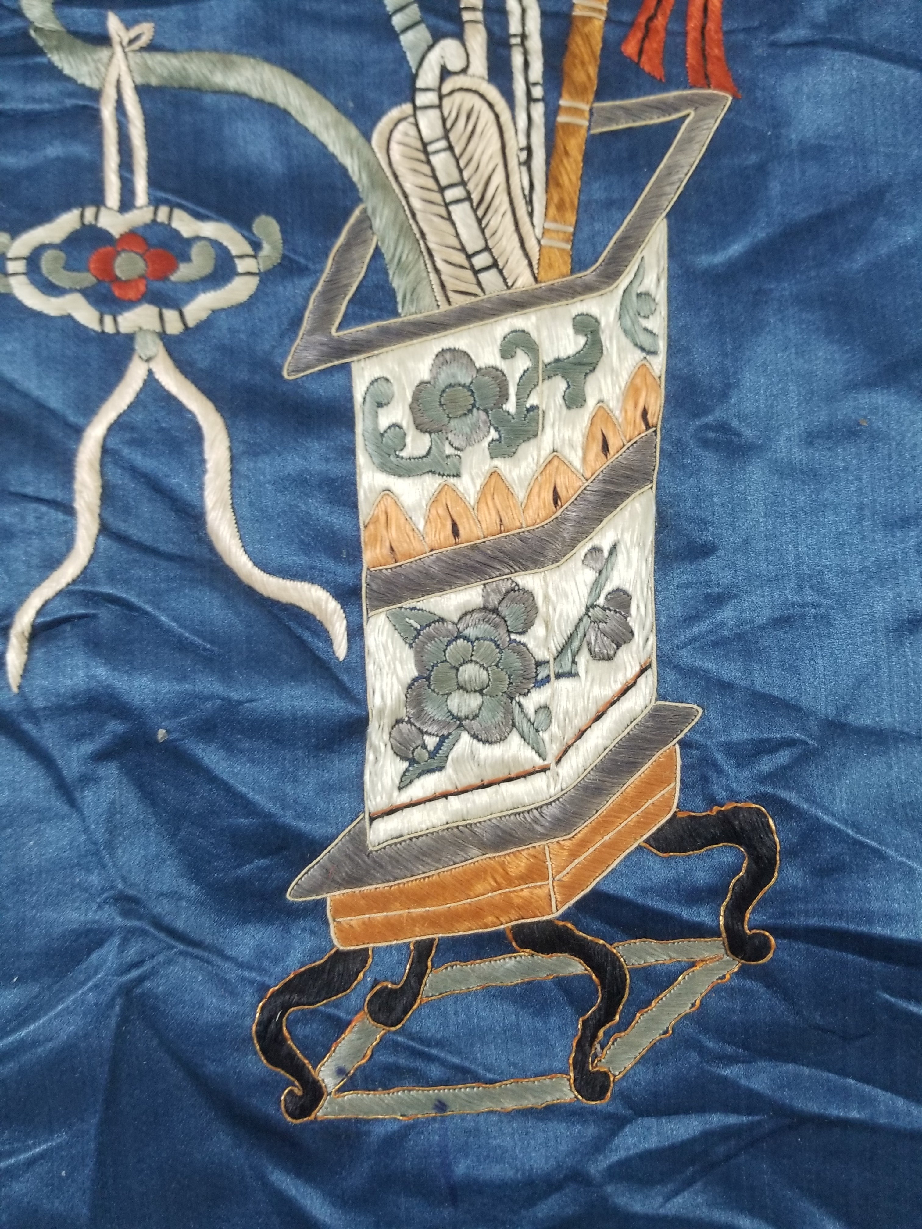 Antique Chinese Silk Embroidered Still Life Vase Bonsai & Scholar's Table Tapestry 149x144cm