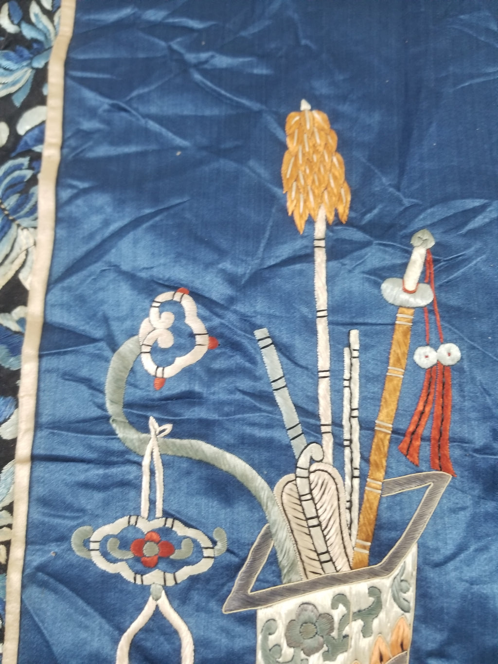 Antique Chinese Silk Embroidered Still Life Vase Bonsai & Scholar's Table Tapestry 149x144cm