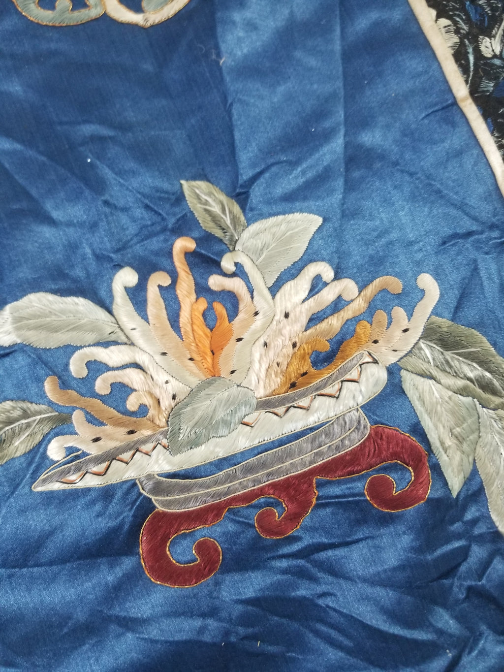 Antique Chinese Silk Embroidered Still Life Vase Bonsai & Scholar's Table Tapestry 149x144cm