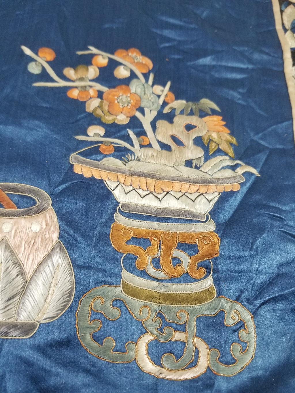 Antique Chinese Silk Embroidered Still Life Vase Bonsai & Scholar's Table Tapestry 149x144cm